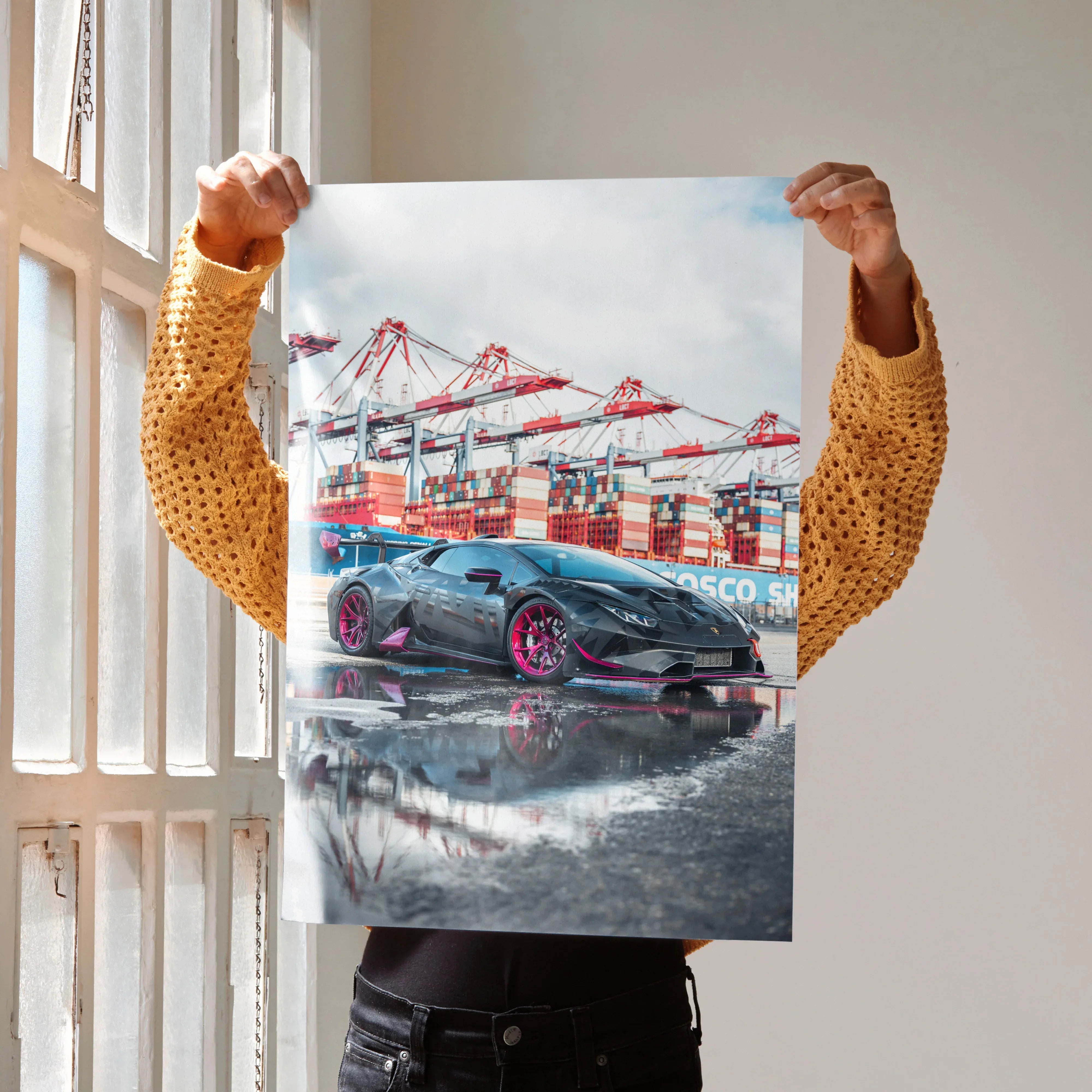 Lamborghini Huracan poster with glossy finish and vibrant red accents, modern wall art.