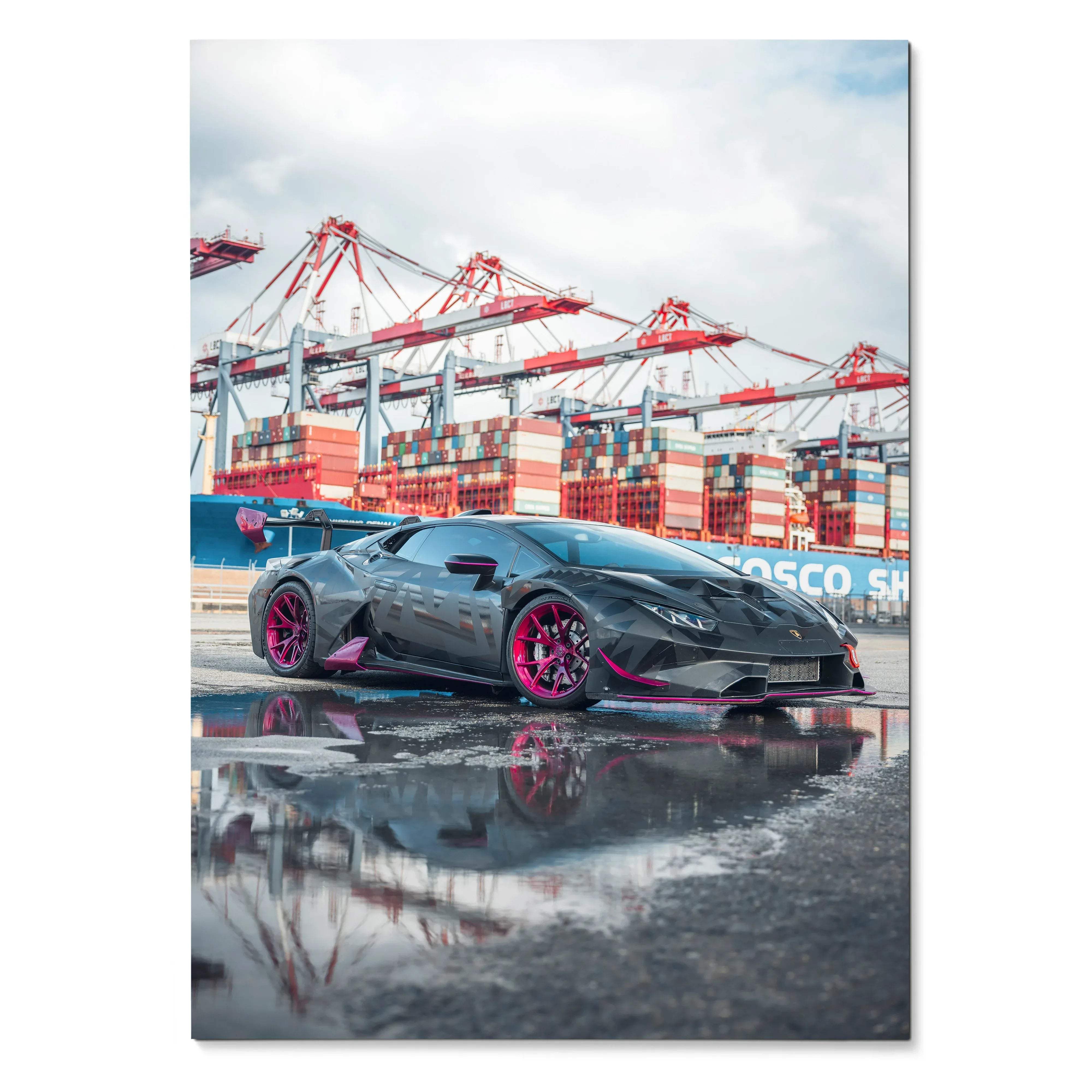 Lamborghini Huracan parked near shipping cranes with reflections on wet ground poster wall art.