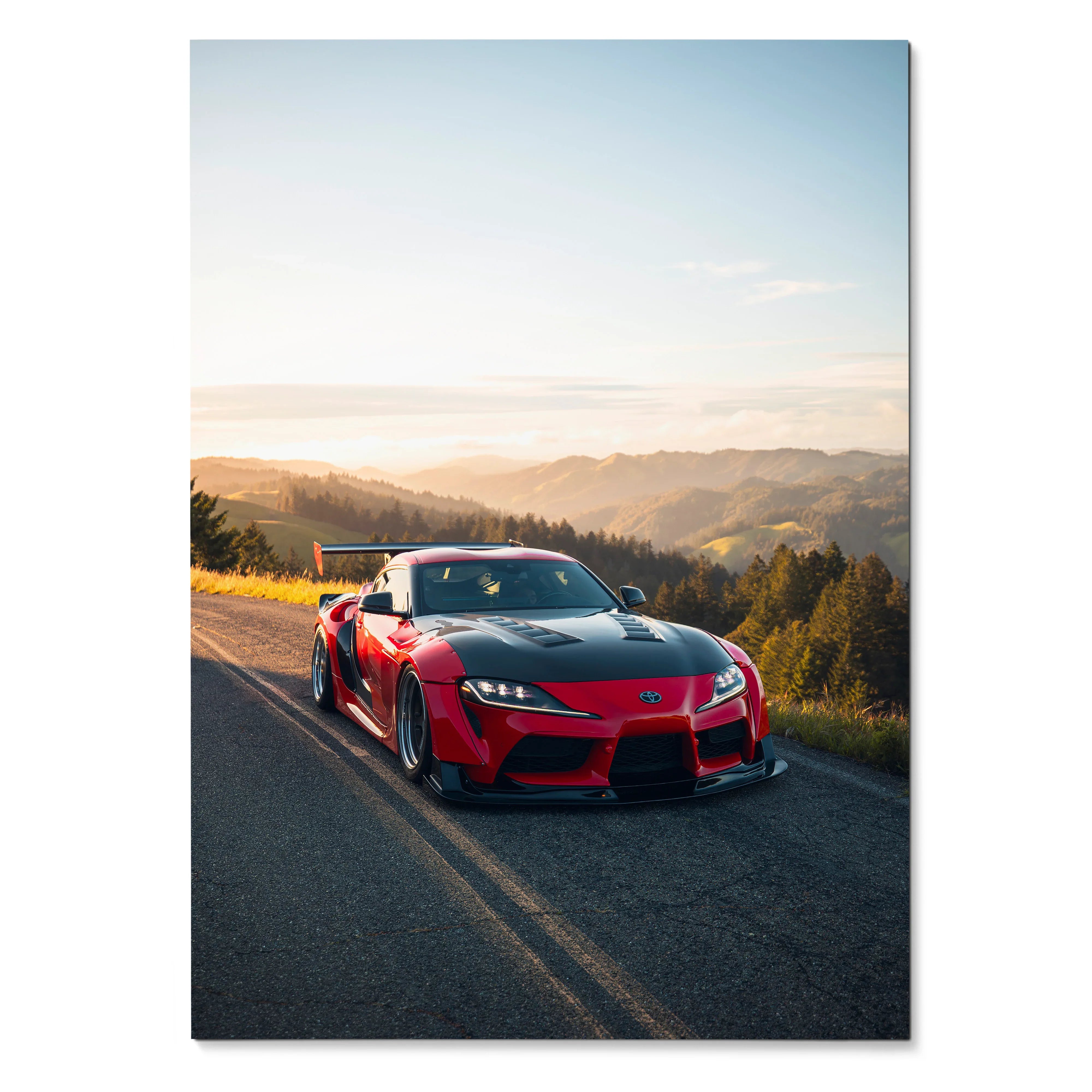 Toyota Supra Mk5 parked on mountain road at sunset, premium satin poster wall art.
