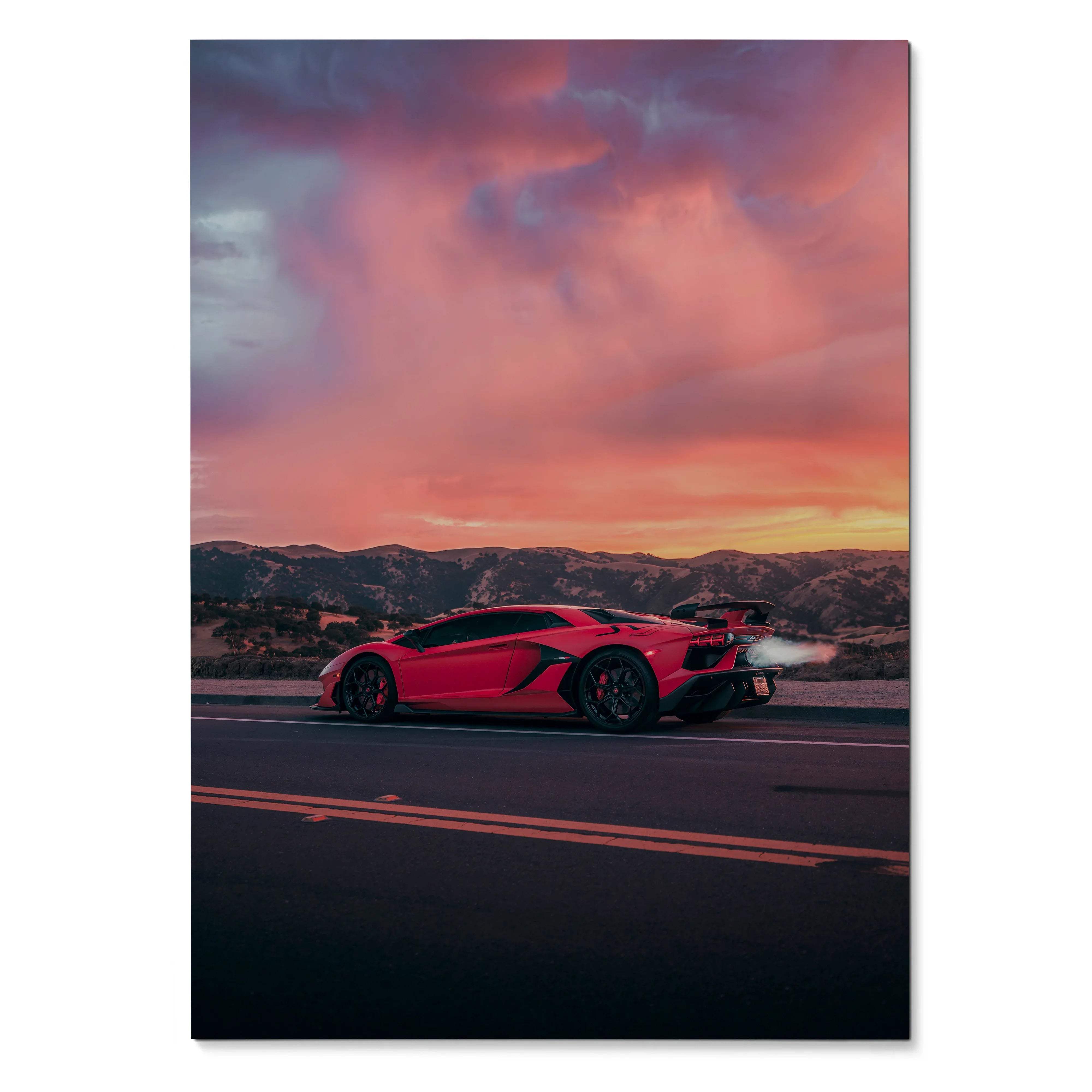 Lamborghini Aventador SVJ red hypercar on road at sunset poster wall art with dramatic sky.