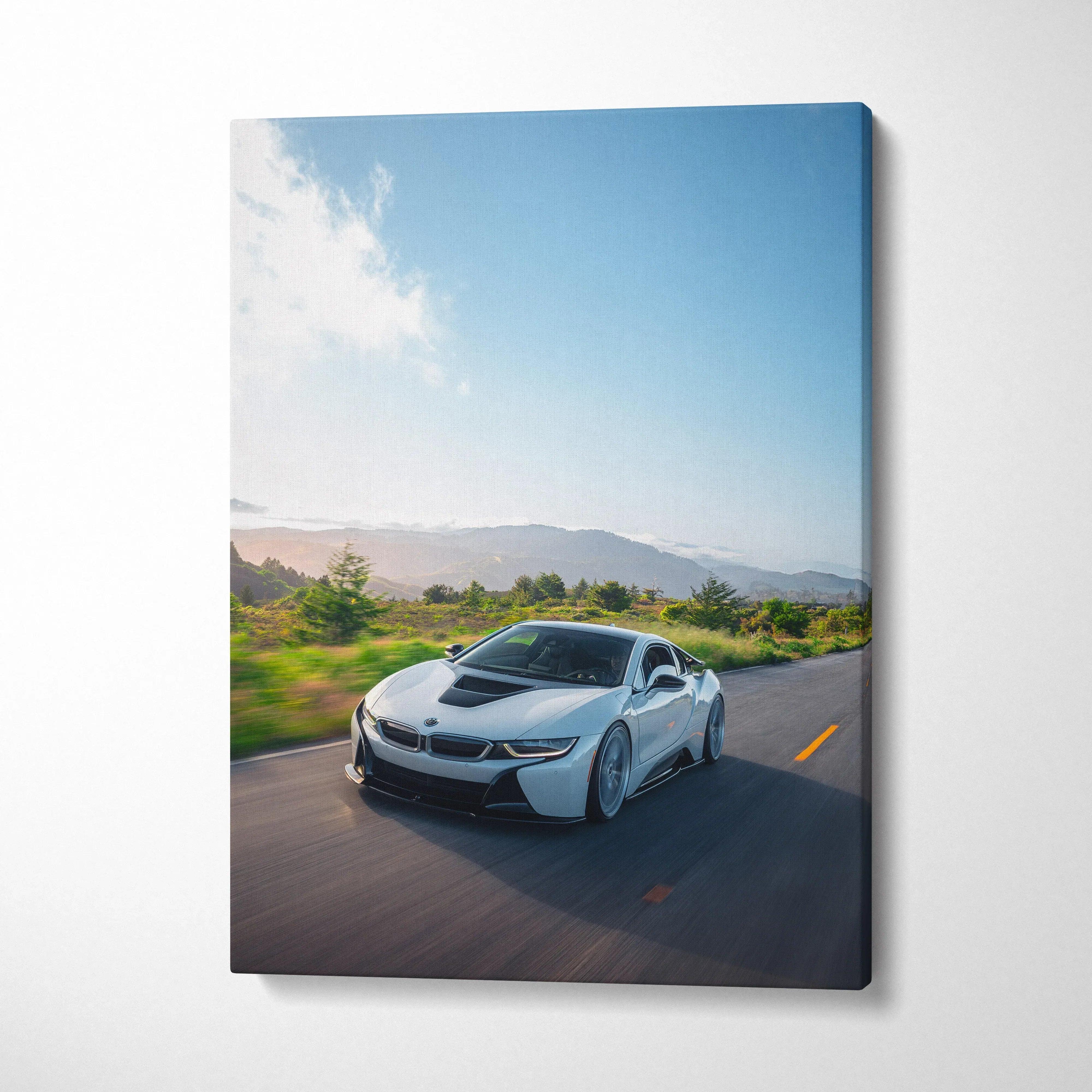 BMW i8 driving on road under blue sky canvas wall art vertical canvas print.