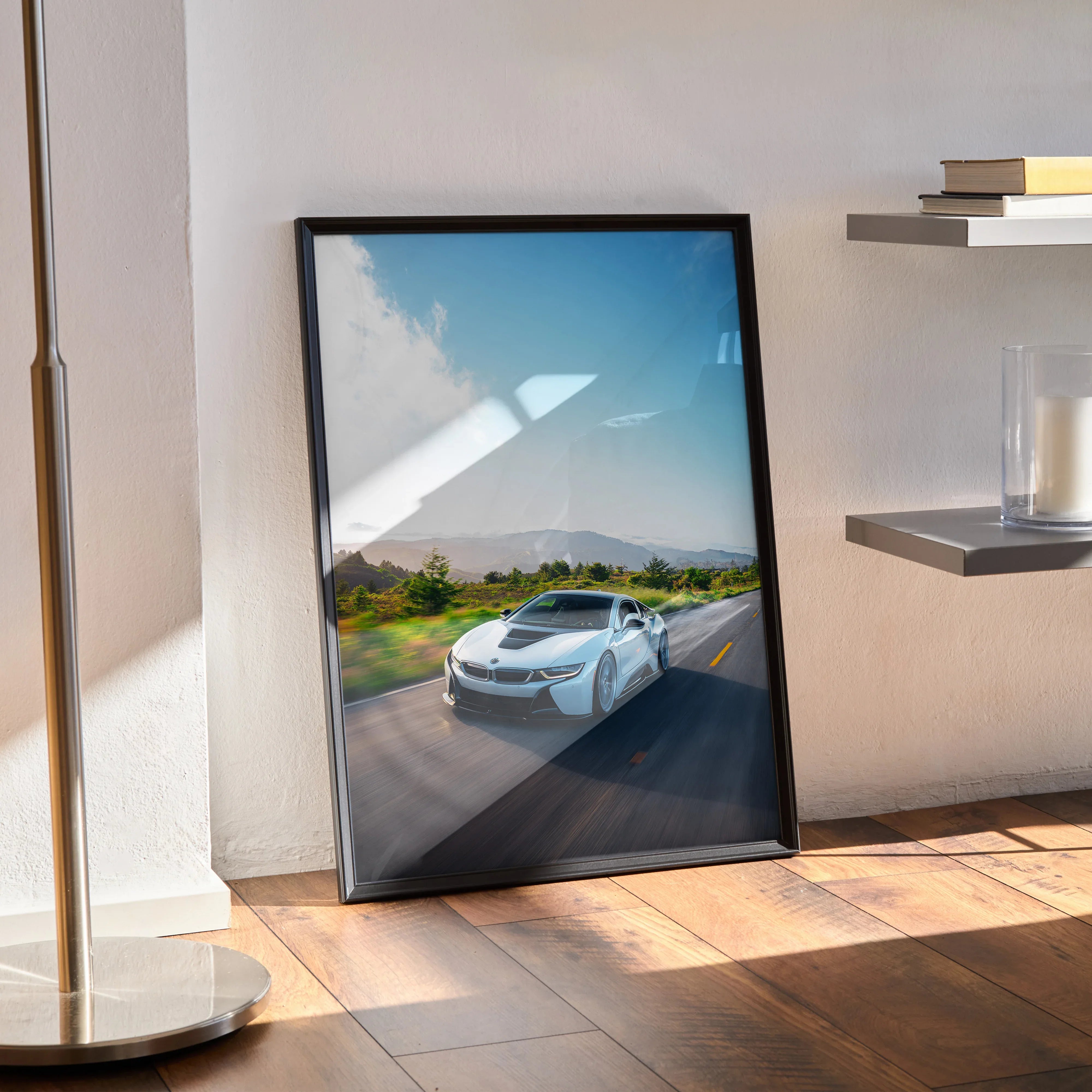 BMW i8 sports car poster with sleek white design on scenic road, modern wall art decor.