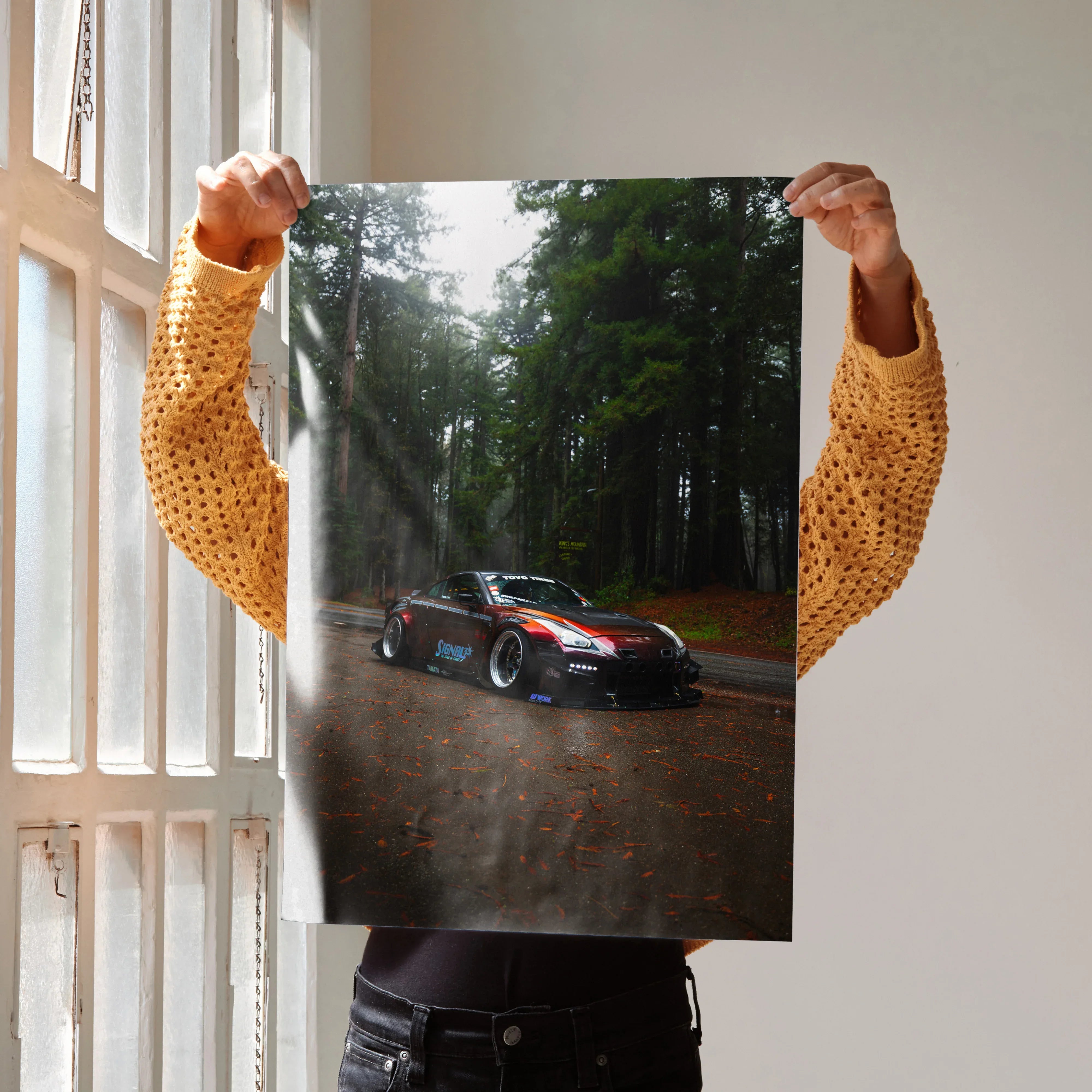 Nissan GT-R R35 racing car on forest road high-resolution poster wall art.