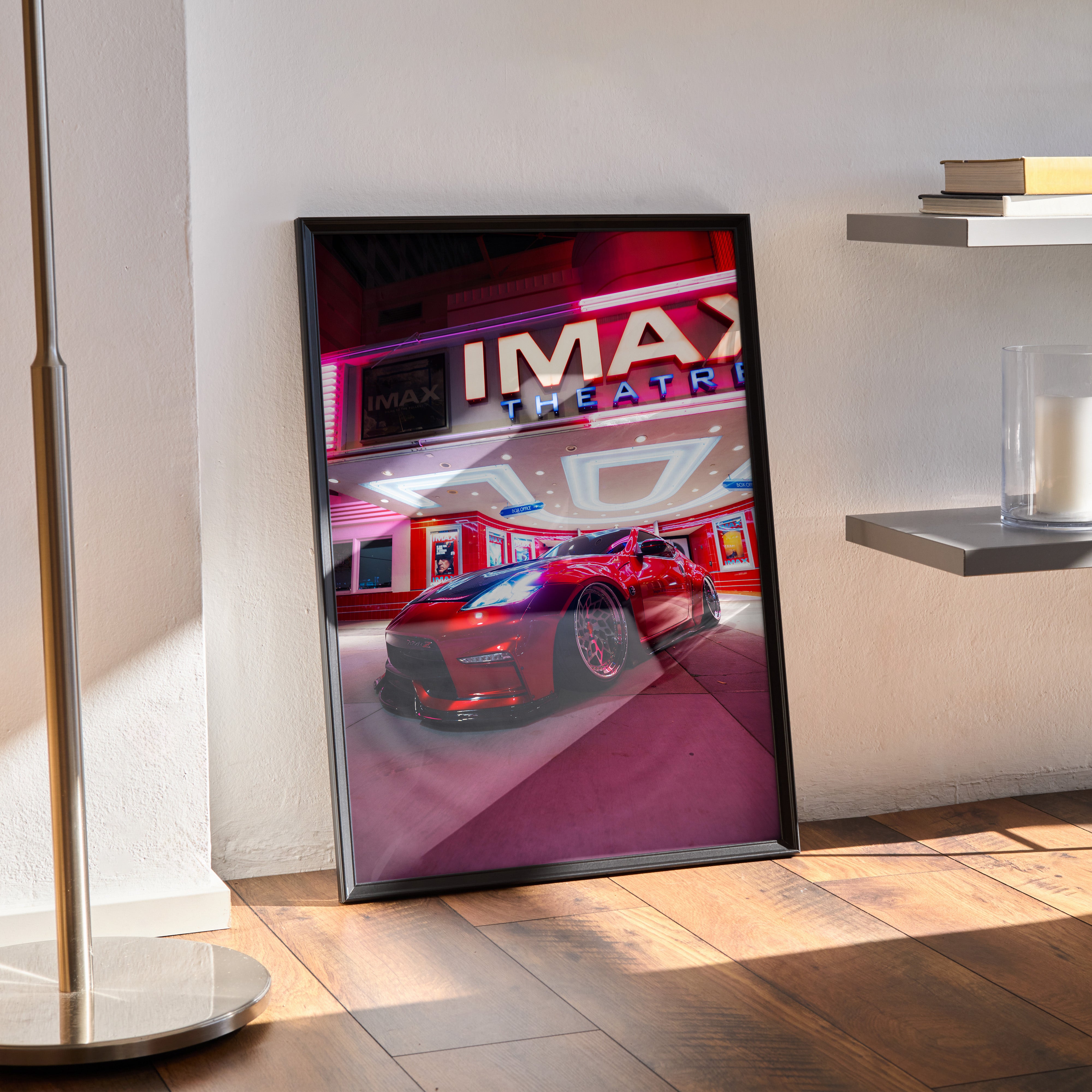 Nissan 370z JDM red sports car poster with IMAX theater background wall art in black frame.
