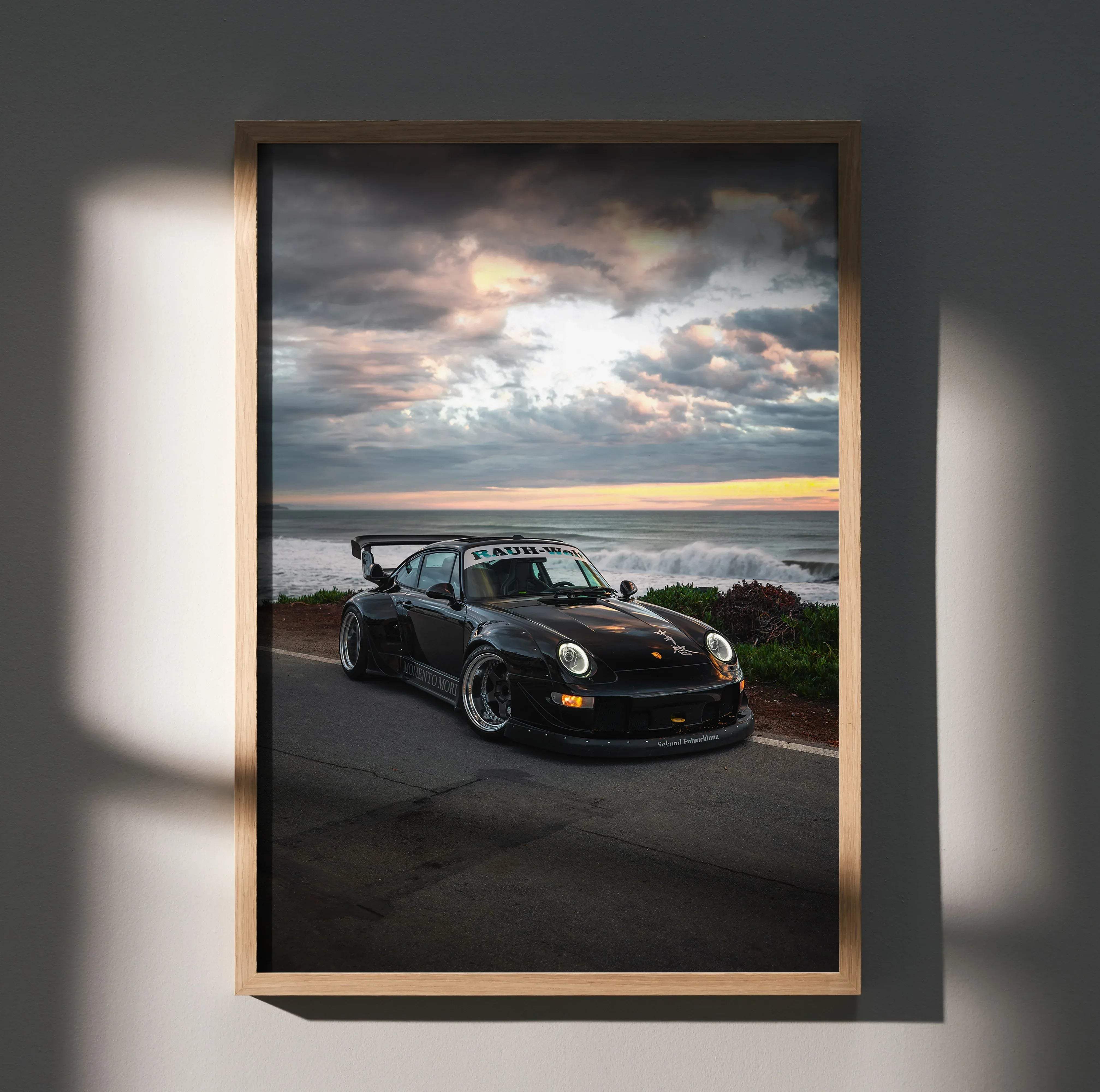 Black Porsche 911 with prominent rear wing and custom wheels framed in light wood rwb Porsche 911 art print poster