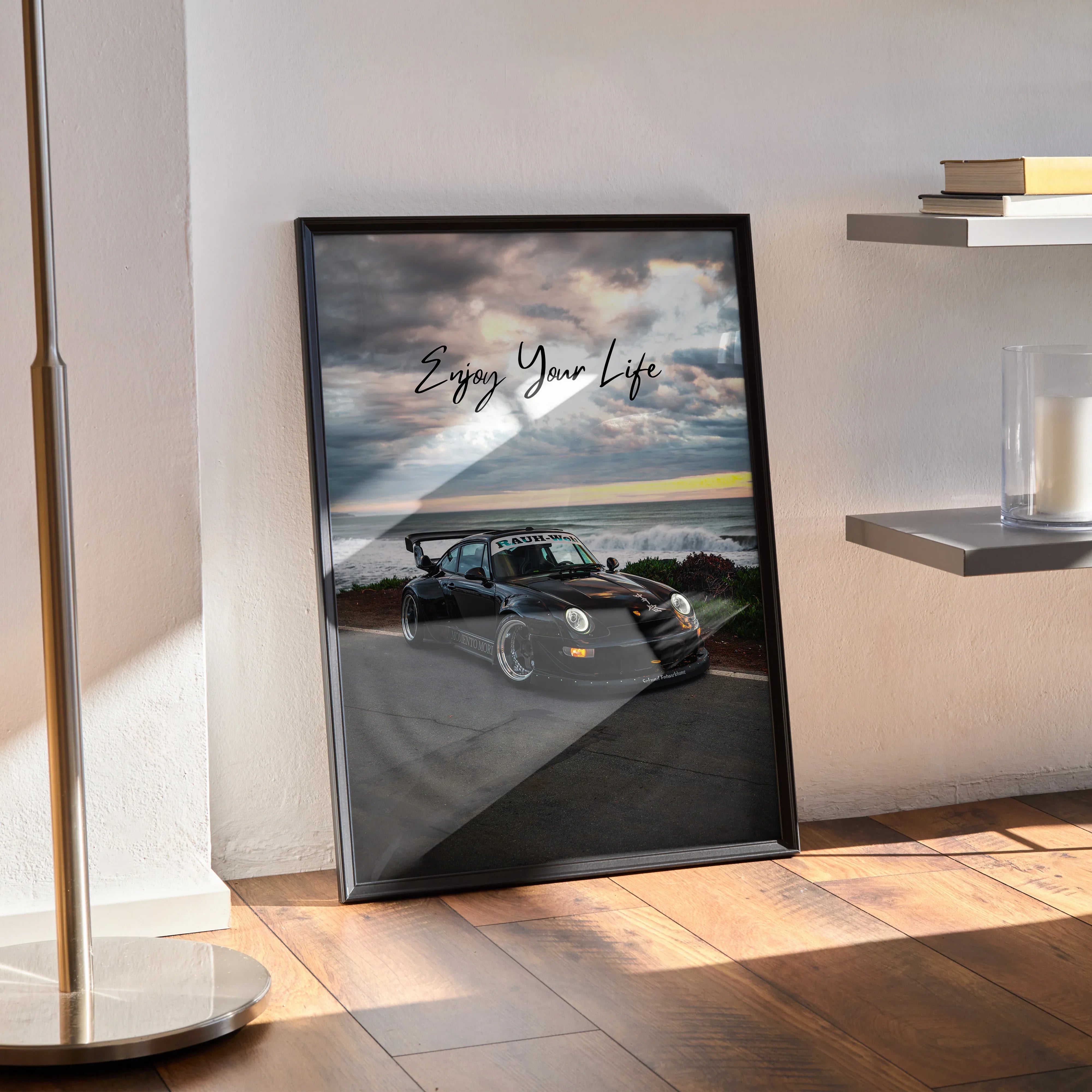 Motivational poster wall art featuring RWB Porsche 911 with inspiring text and dramatic sky background.