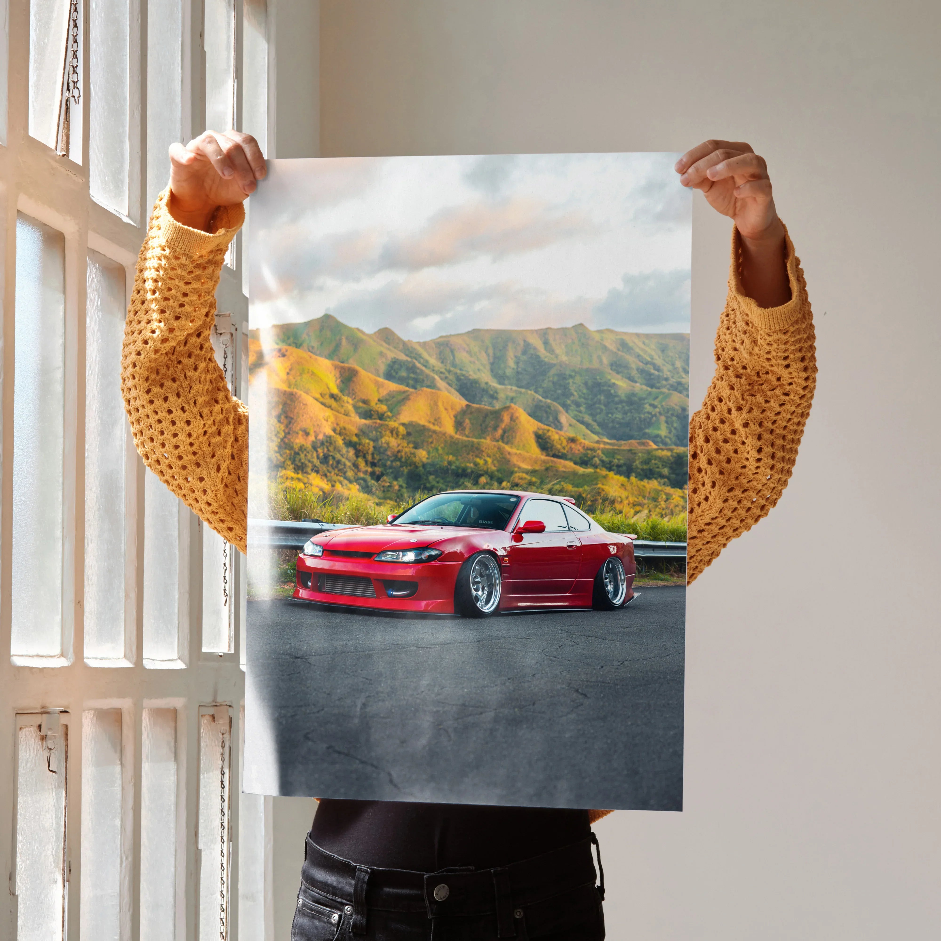Nissan Silvia S15 red sports car parked with mountains background poster wall art.
