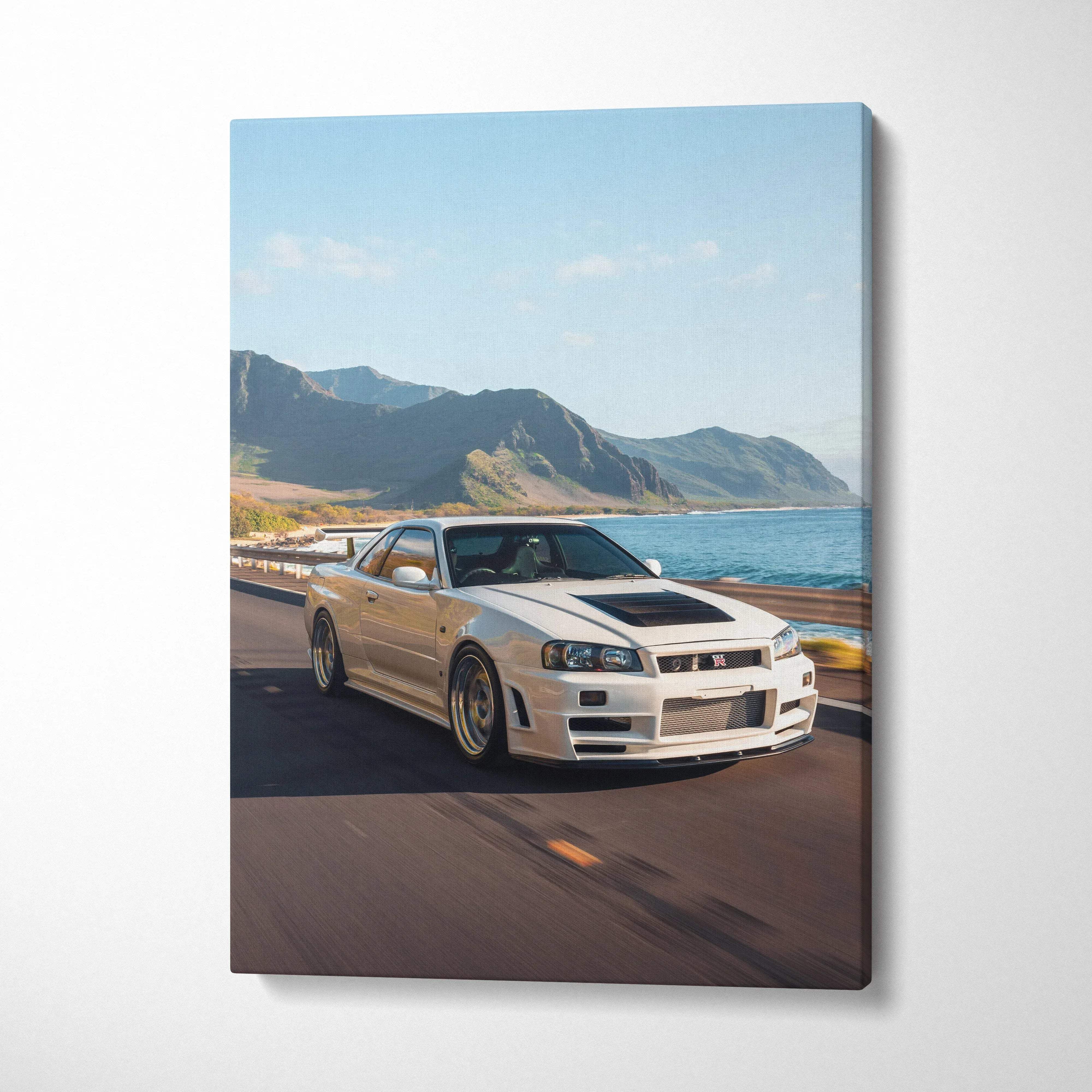 Nissan R34 GTR Skyline driving coastal road vertical canvas wall art print.
