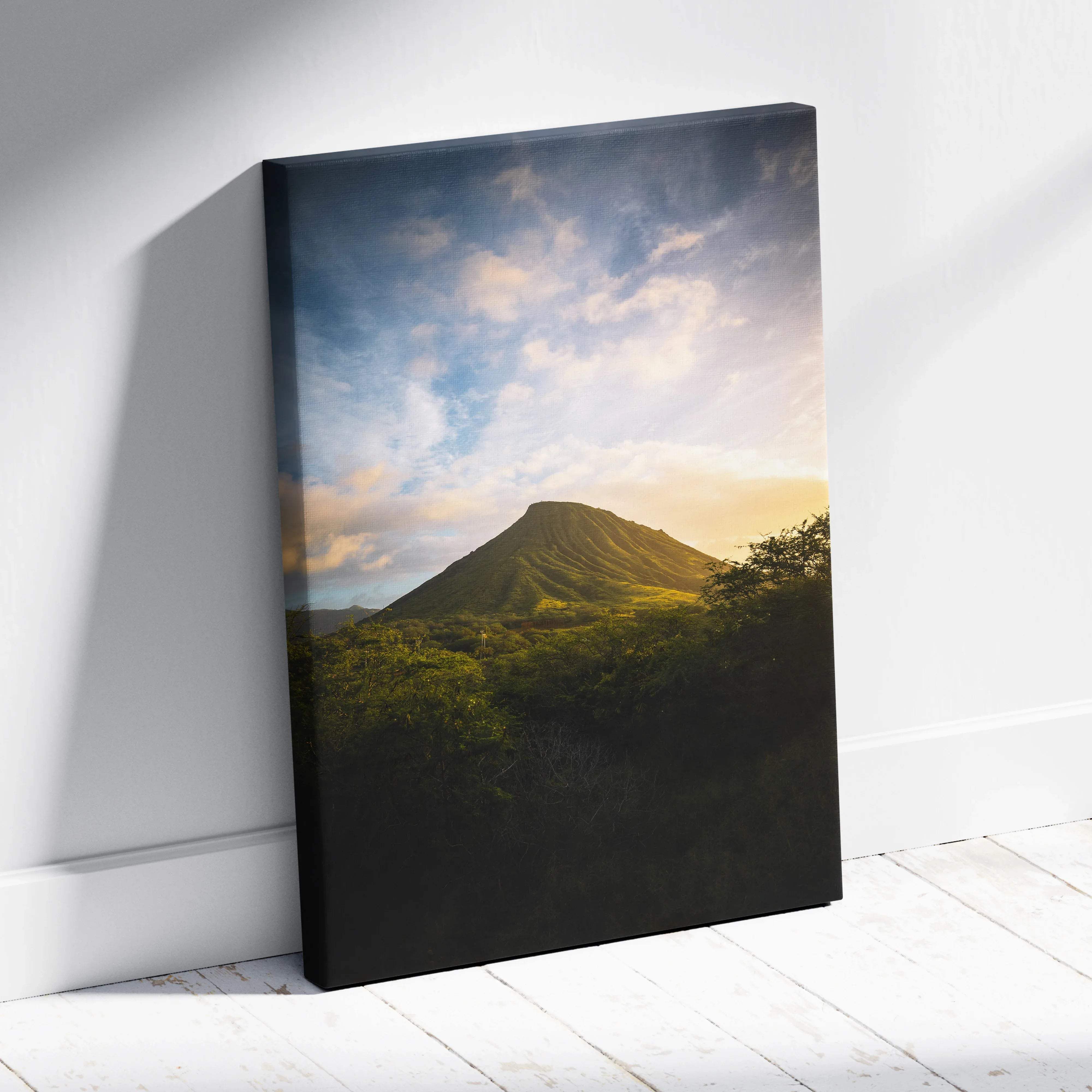 Golden Hour Hawaii lone green volcano cone canvas wall art with lush foliage and soft clouds