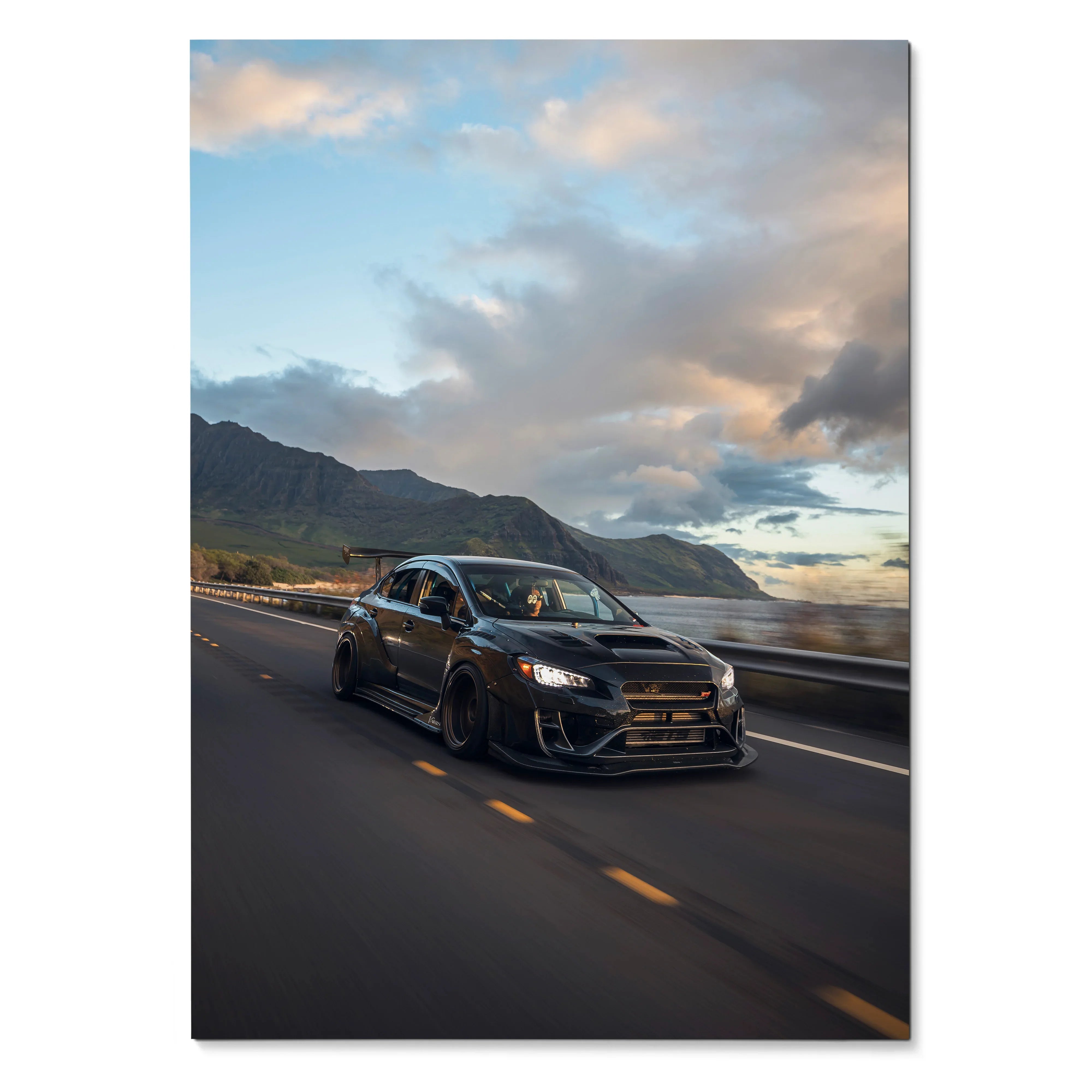 Subaru WRX STI driving on coastal highway at sunset poster wall art print.