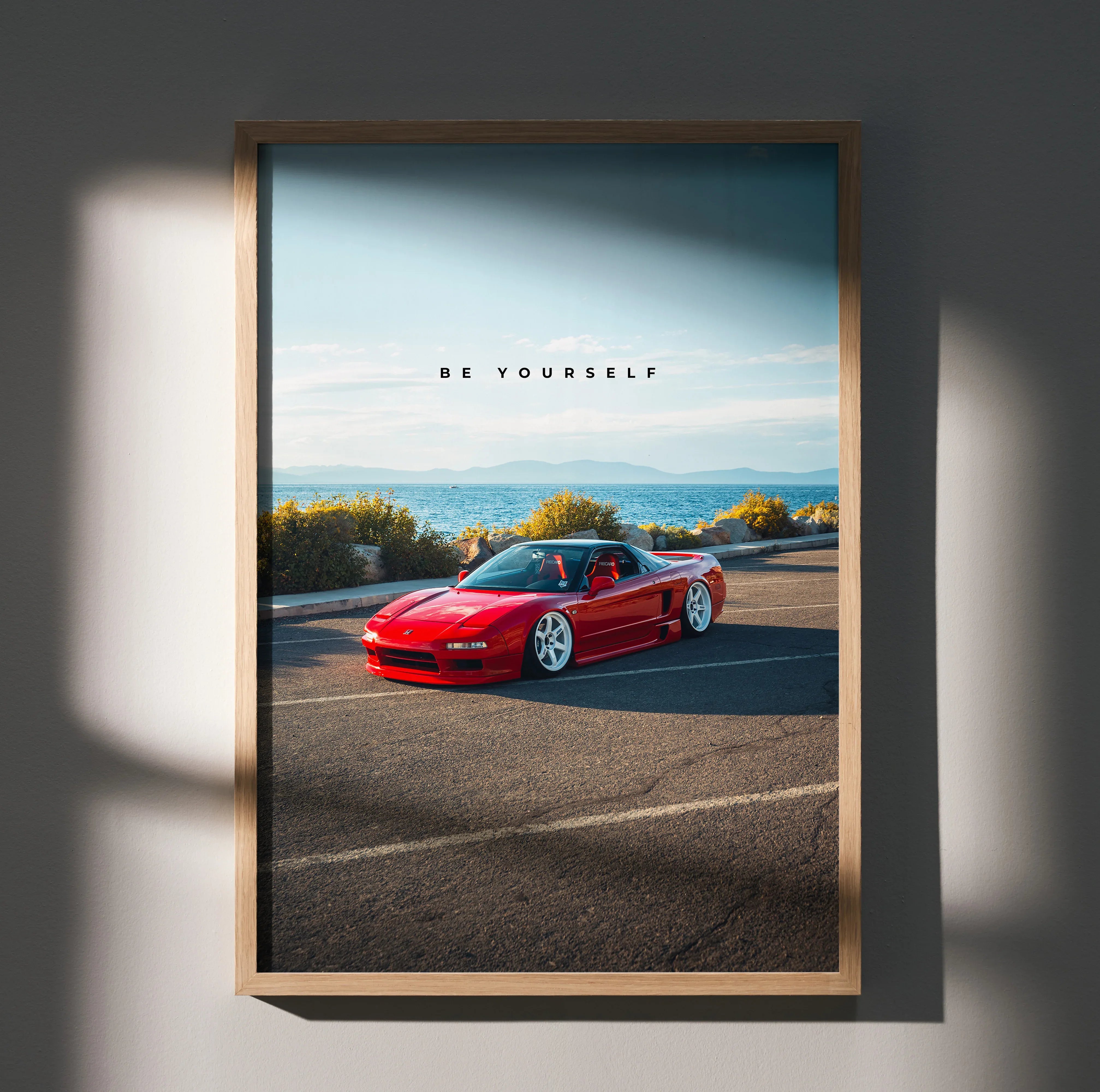 Acura NSX red sports car on road with "Be Yourself" text motivational poster wall art.
