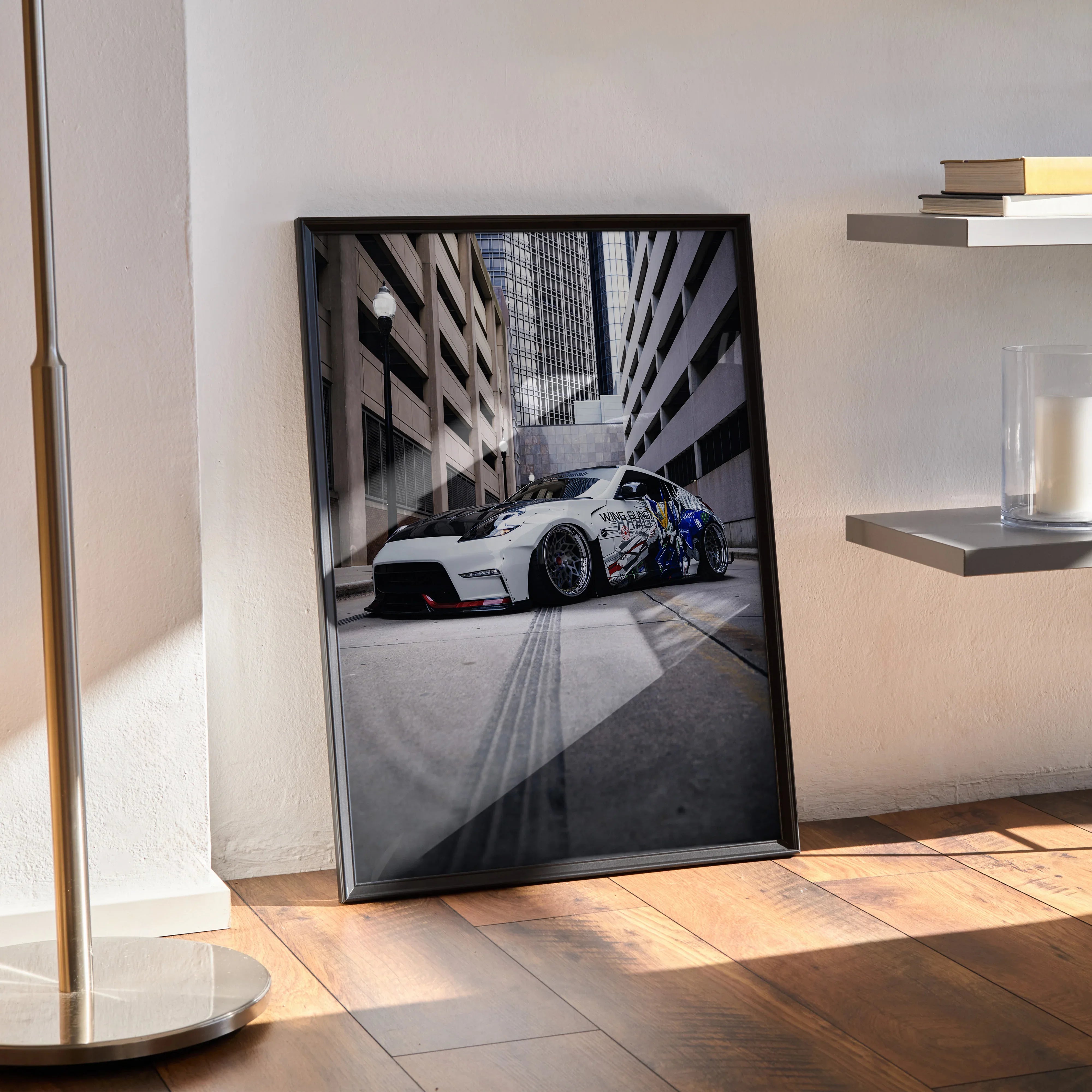 Nissan 370z JDM poster wall art with white sports car in an urban alley, satin finish.