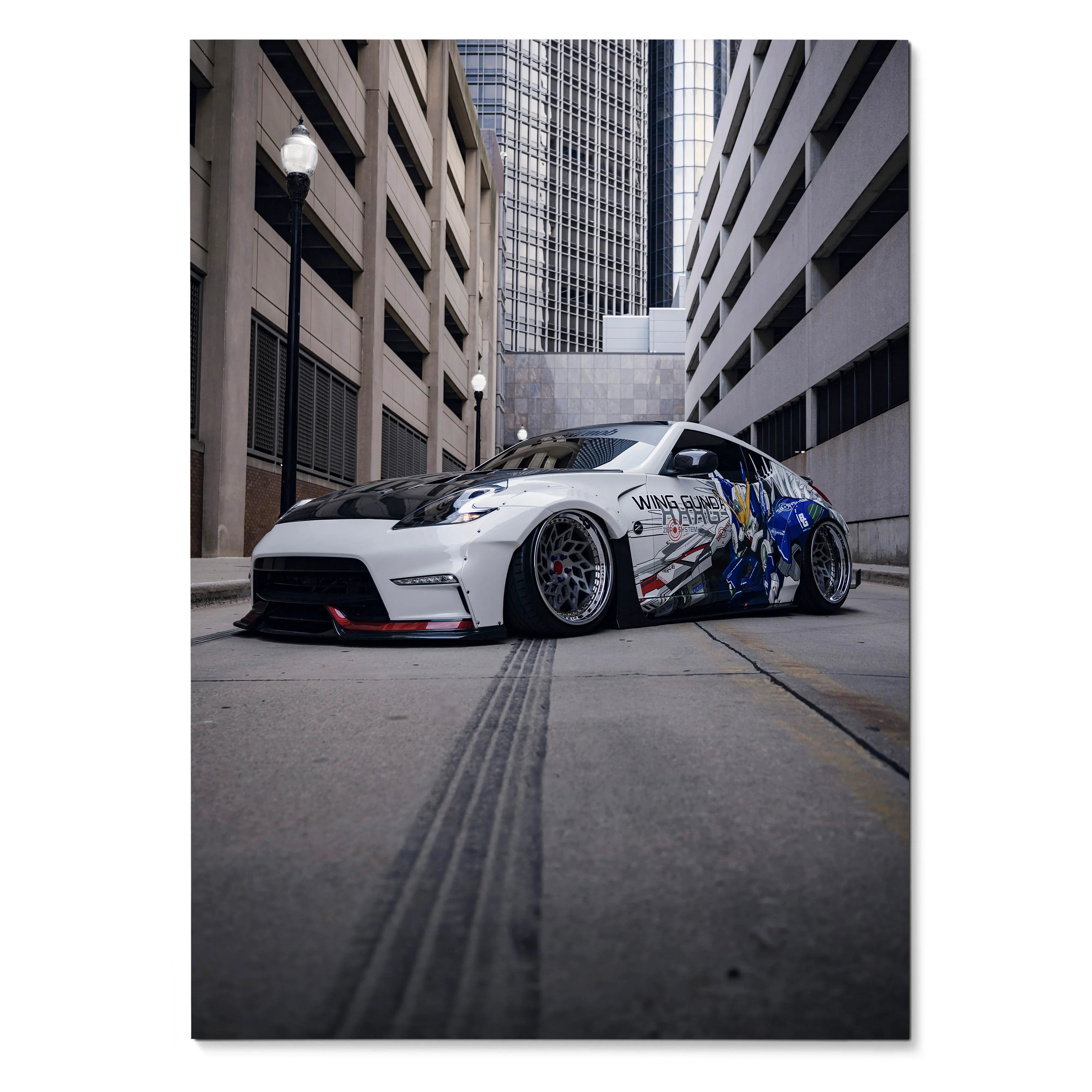 Nissan 370z sports car with custom blue and white graphics parked in urban alley poster wall art.