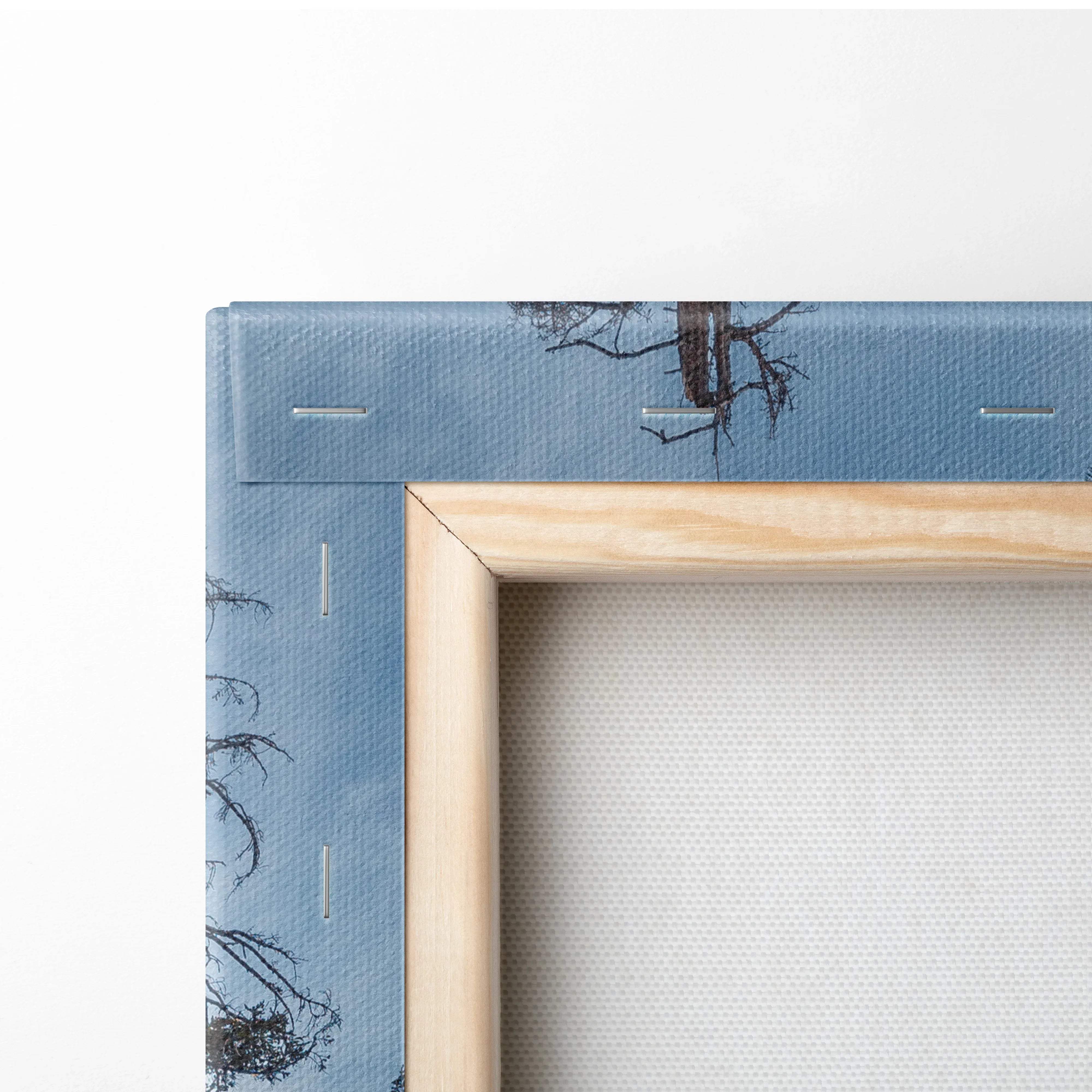 Light wood frame with blue canvas of Yosemite Half Dome road and tree silhouettes