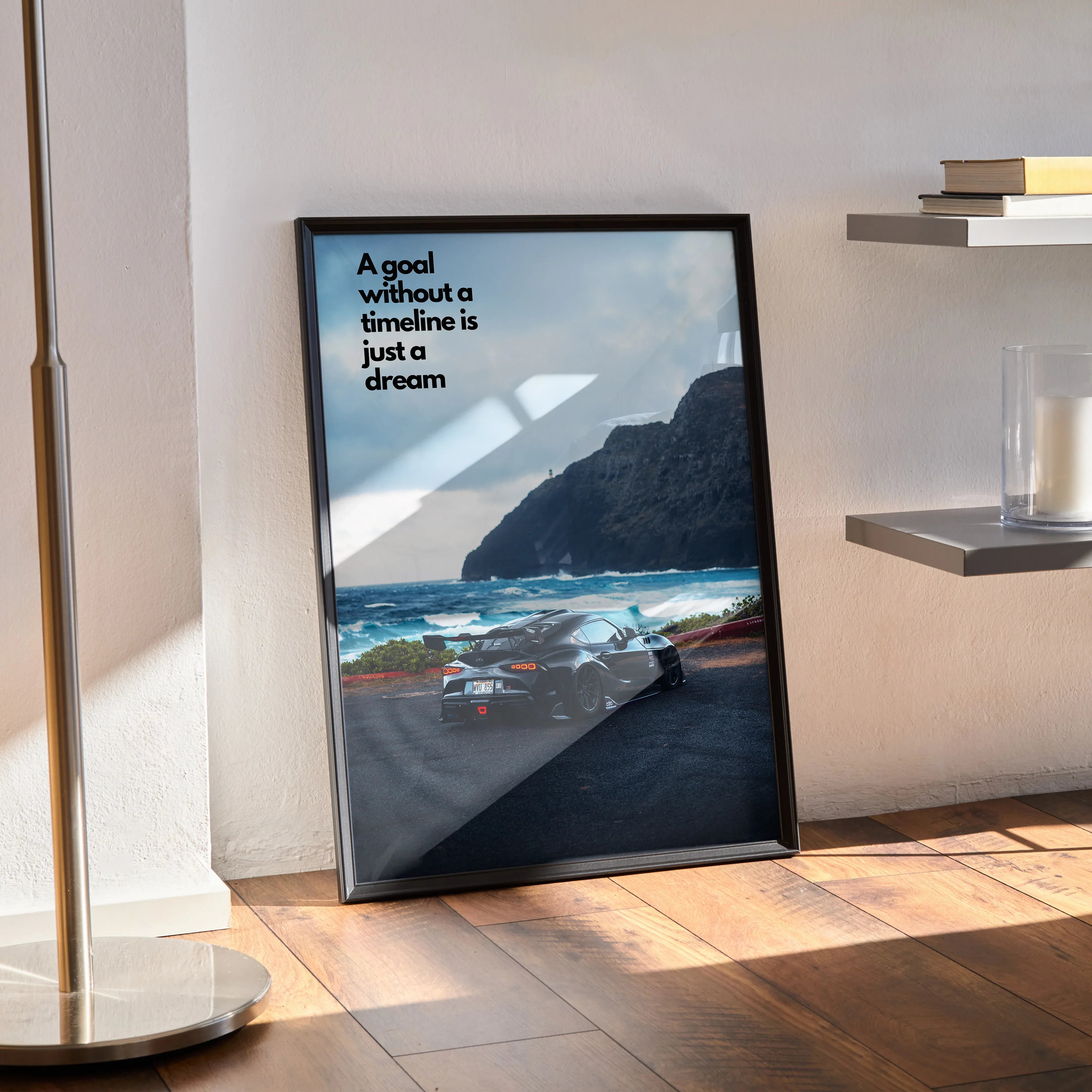 Toyota Supra Mk5 motivational poster with ocean and cliff background wall art.