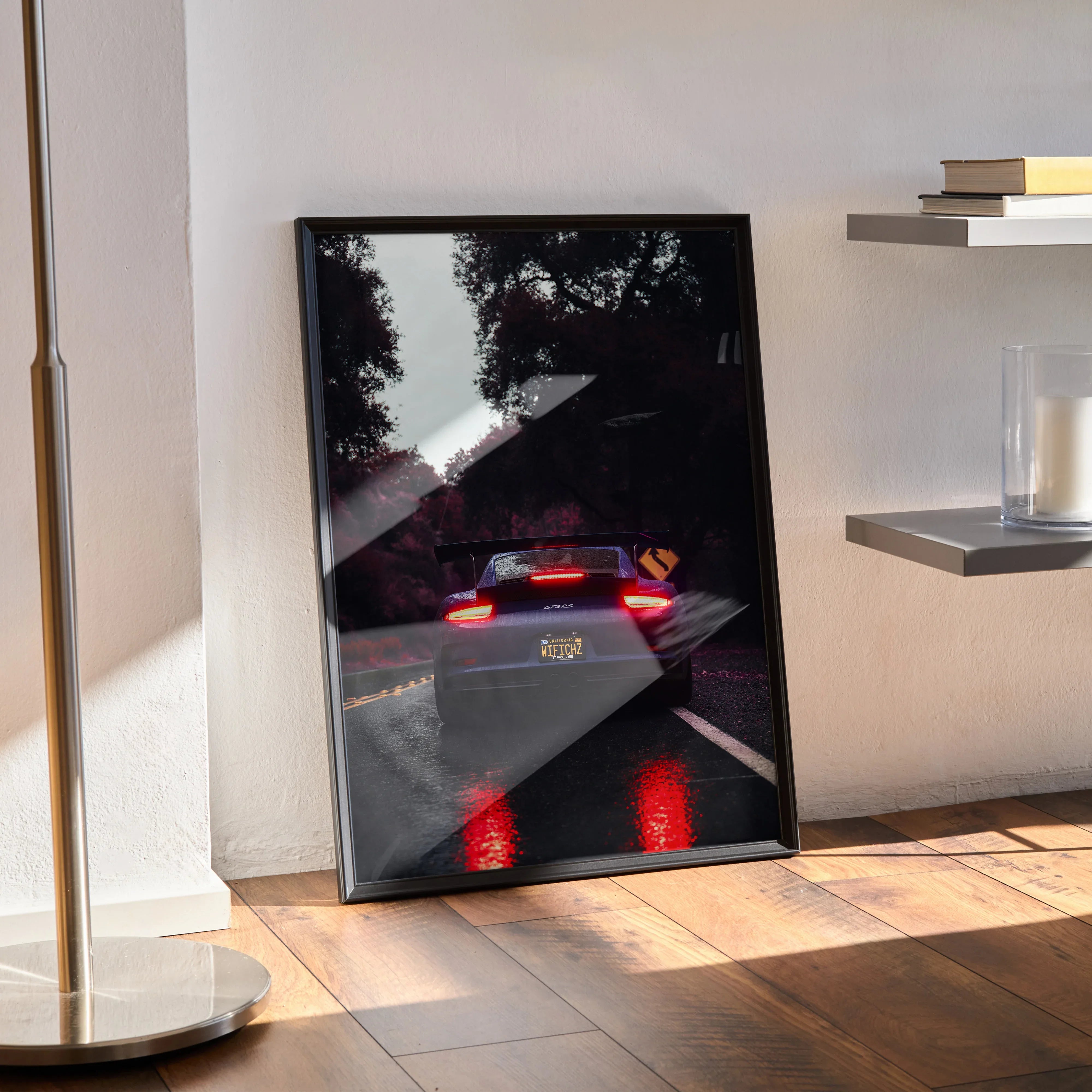 Porsche 911 GT3 RS poster showcasing rear view with brake lights glowing, modern wall art.