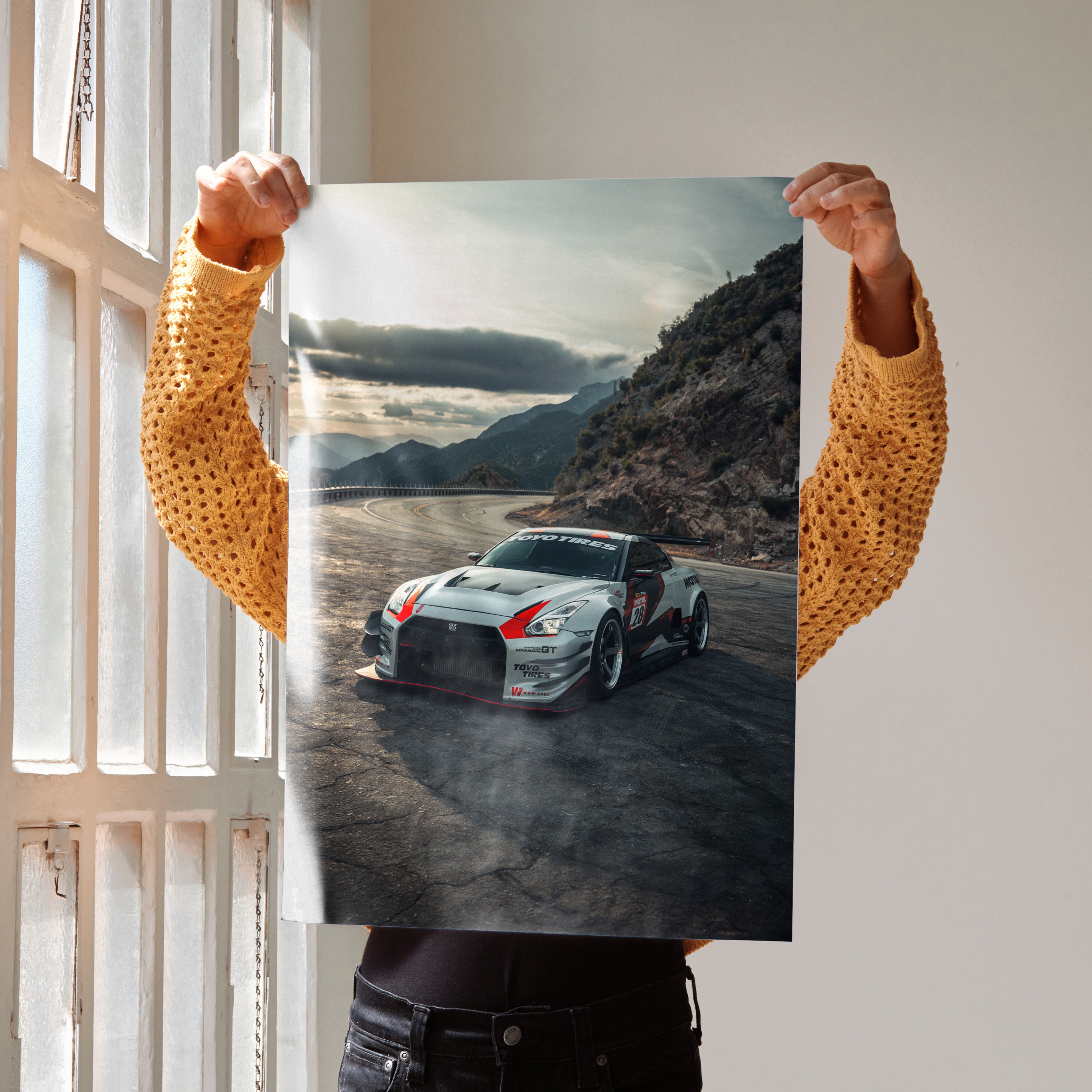Nissan R35 GTR poster featuring high-resolution car wall art with dramatic mountain and lake background.
