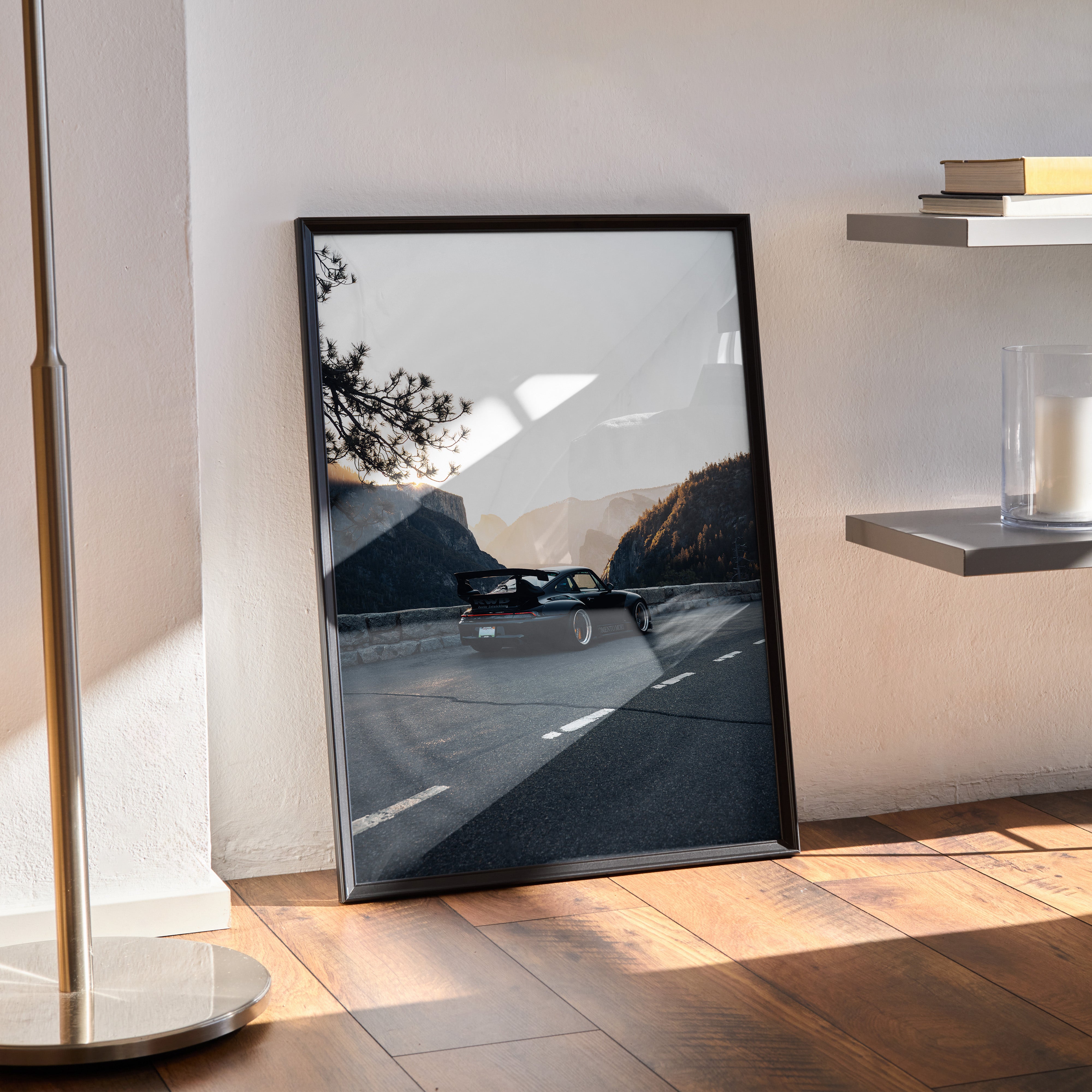 RWB Porsche 911 poster wall art showcasing red sports car on mountain road in black frame.