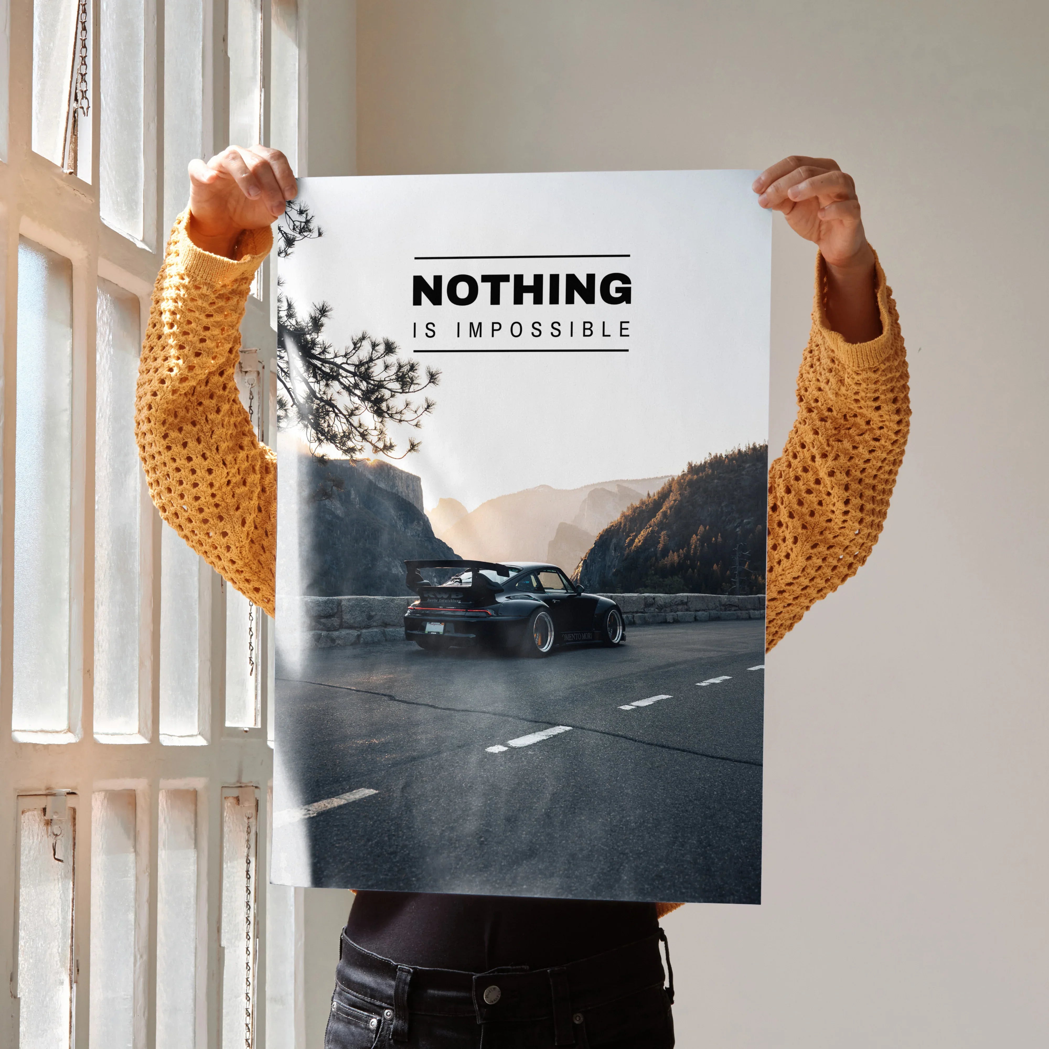 Motivational poster wall art featuring RWB Porsche 911 with "Nothing is Impossible" text over scenic mountain road.