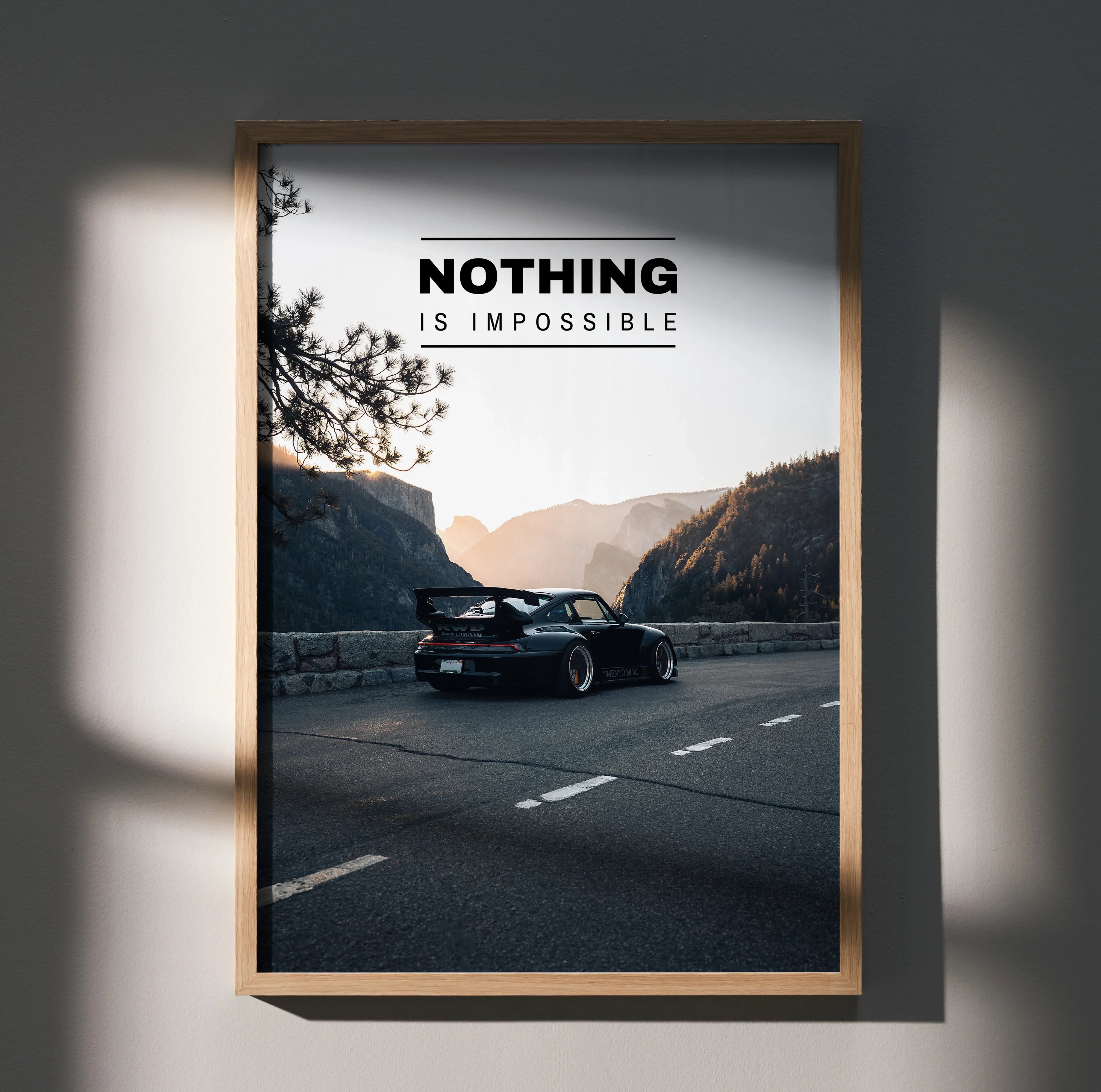 Poster of black RWB Porsche 911 on mountain road with "Nothing is Impossible" motivational text wall art.