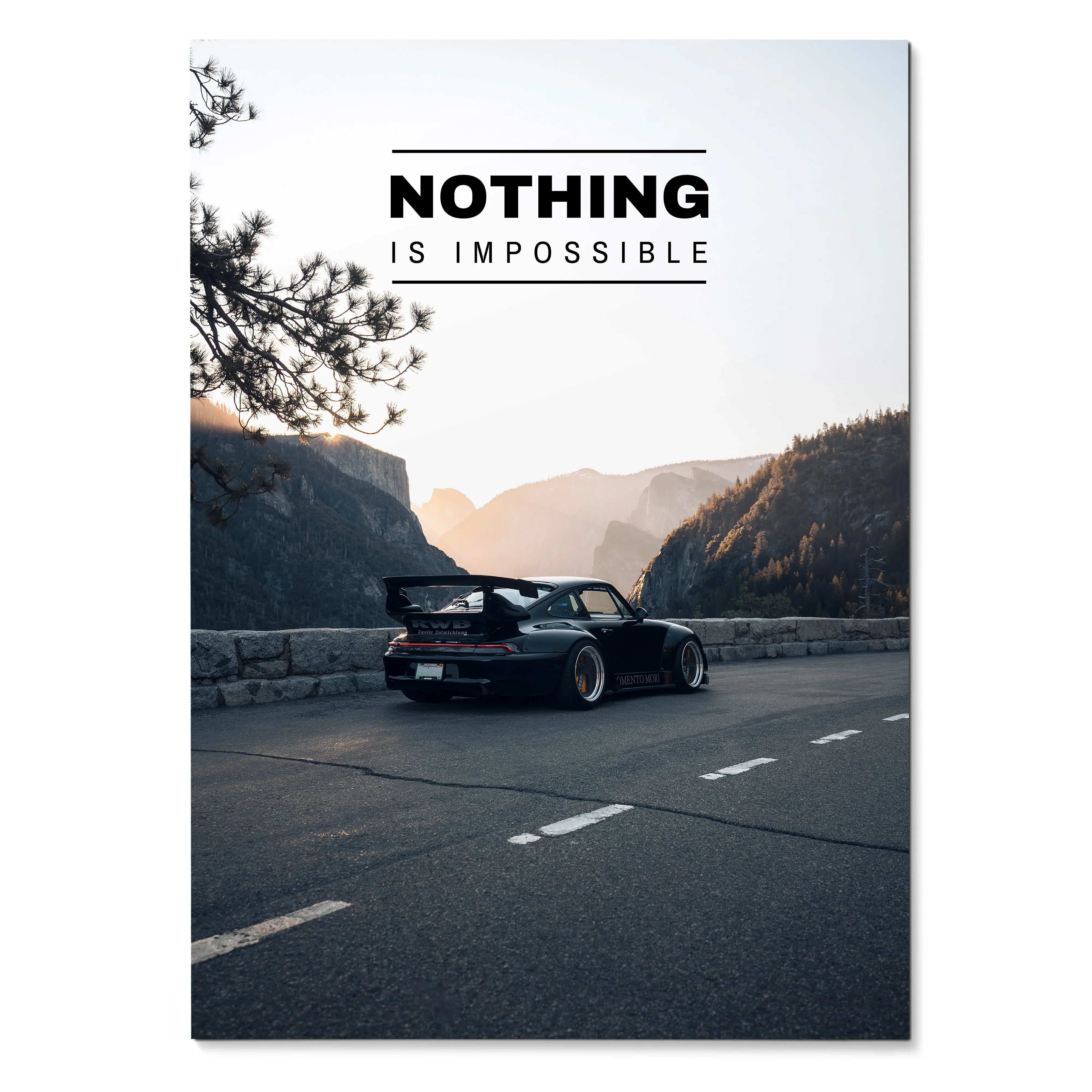 Poster wall art featuring a black RWB Porsche 911 on a mountain road with "Nothing is impossible" text.