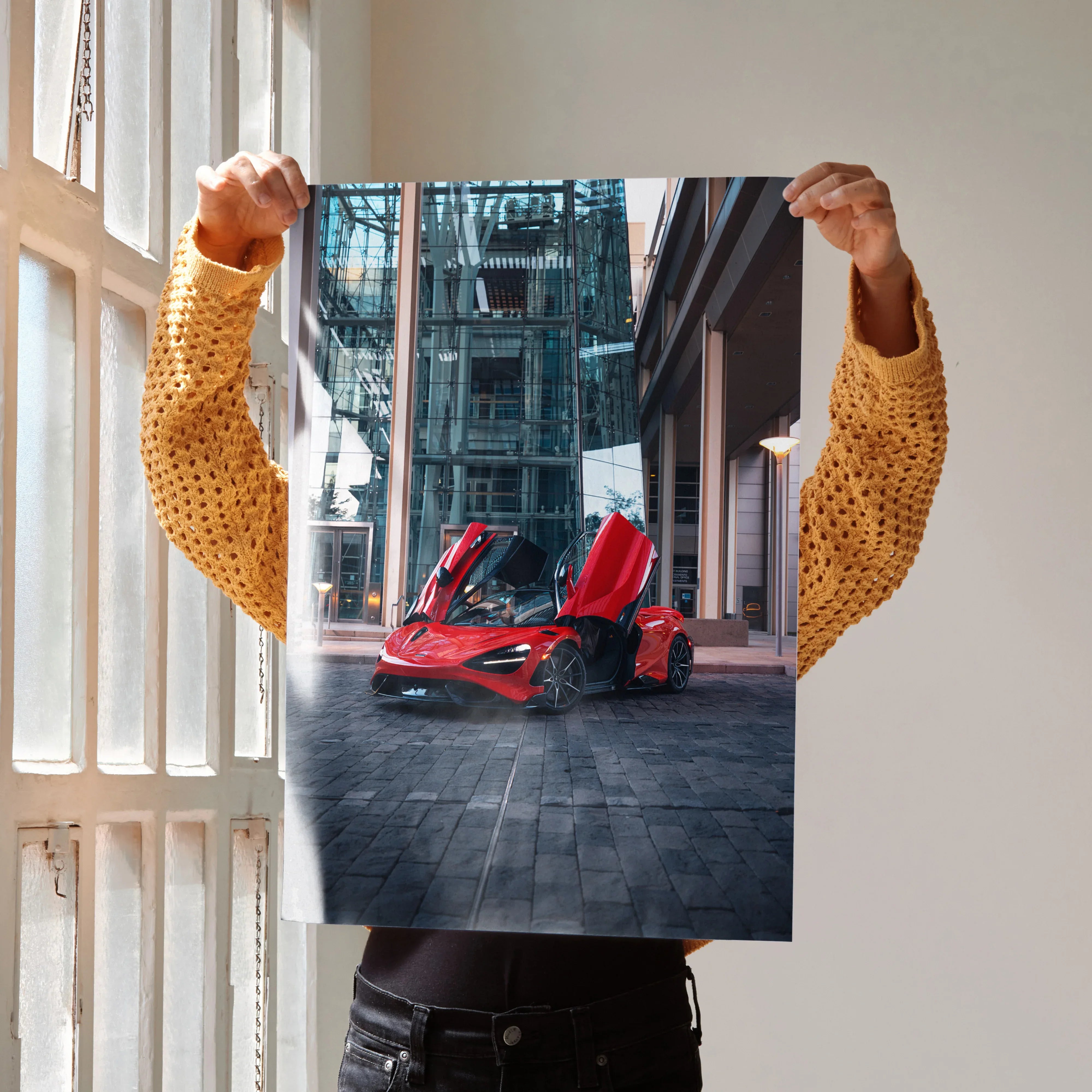 McLaren 765LT supercar with open doors in urban setting premium poster wall art.