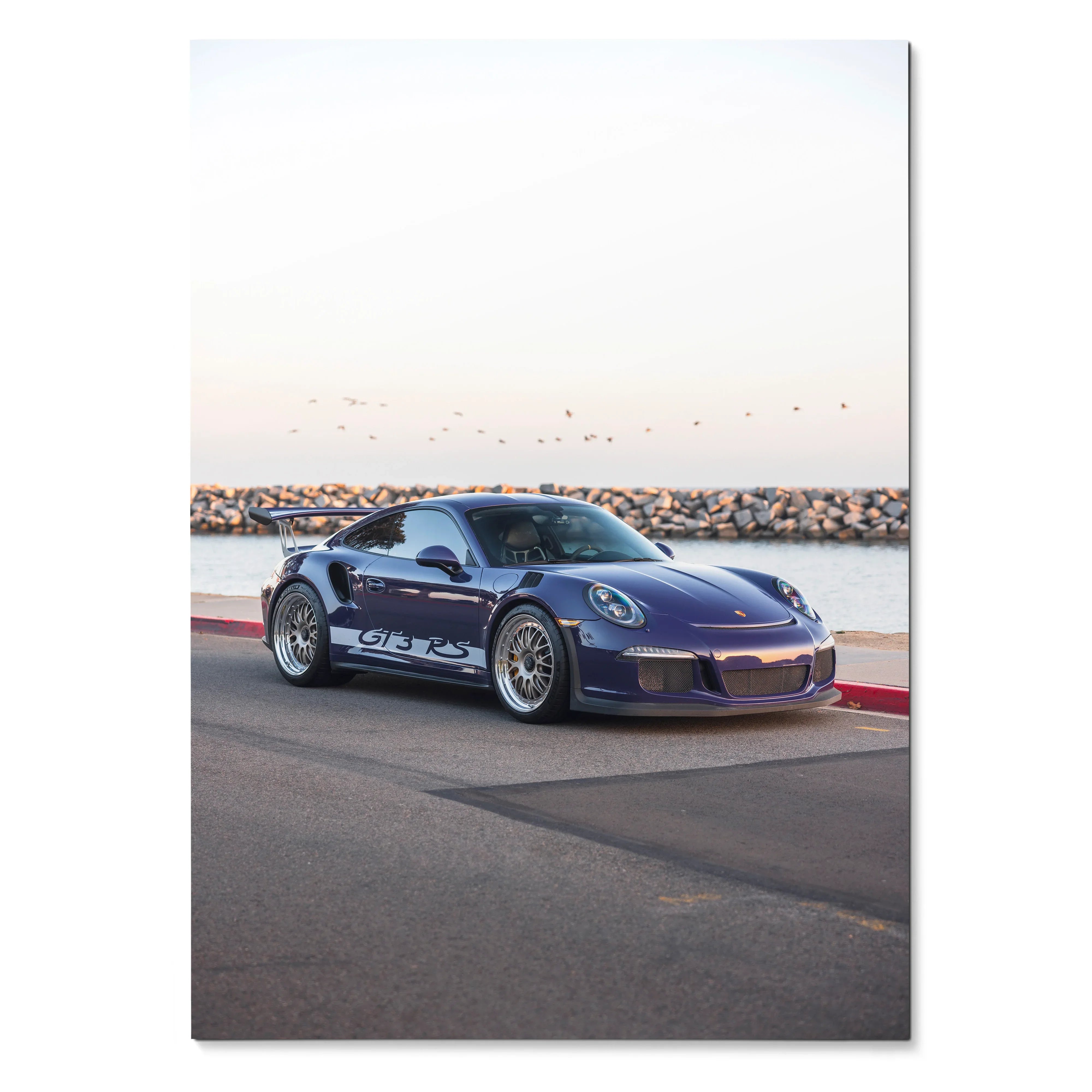 Blue Porsche 911 GT3 RS parked on road by waterfront poster wall art.