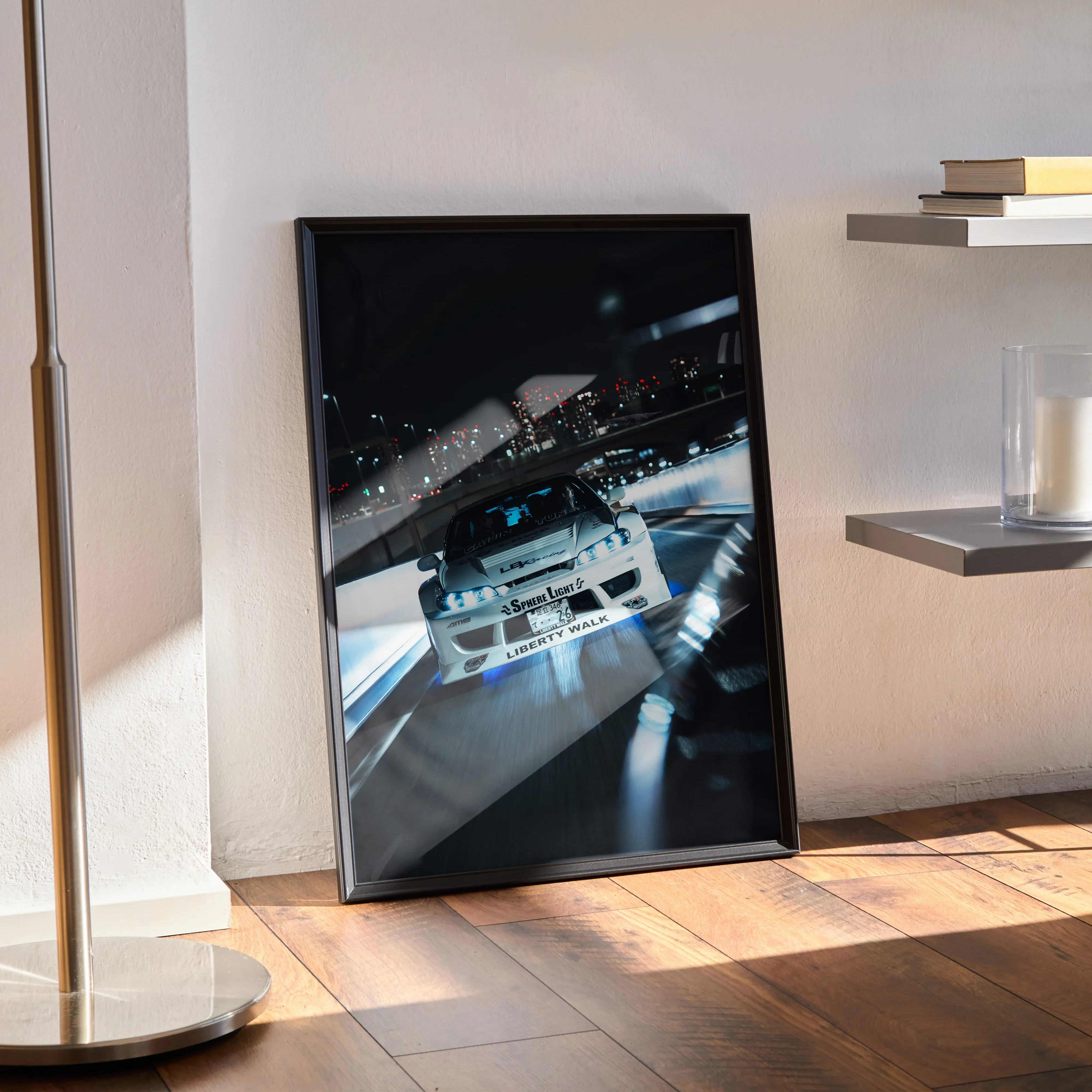 Nissan Silvia S15 racing car poster with dynamic night city background wall art in black frame.