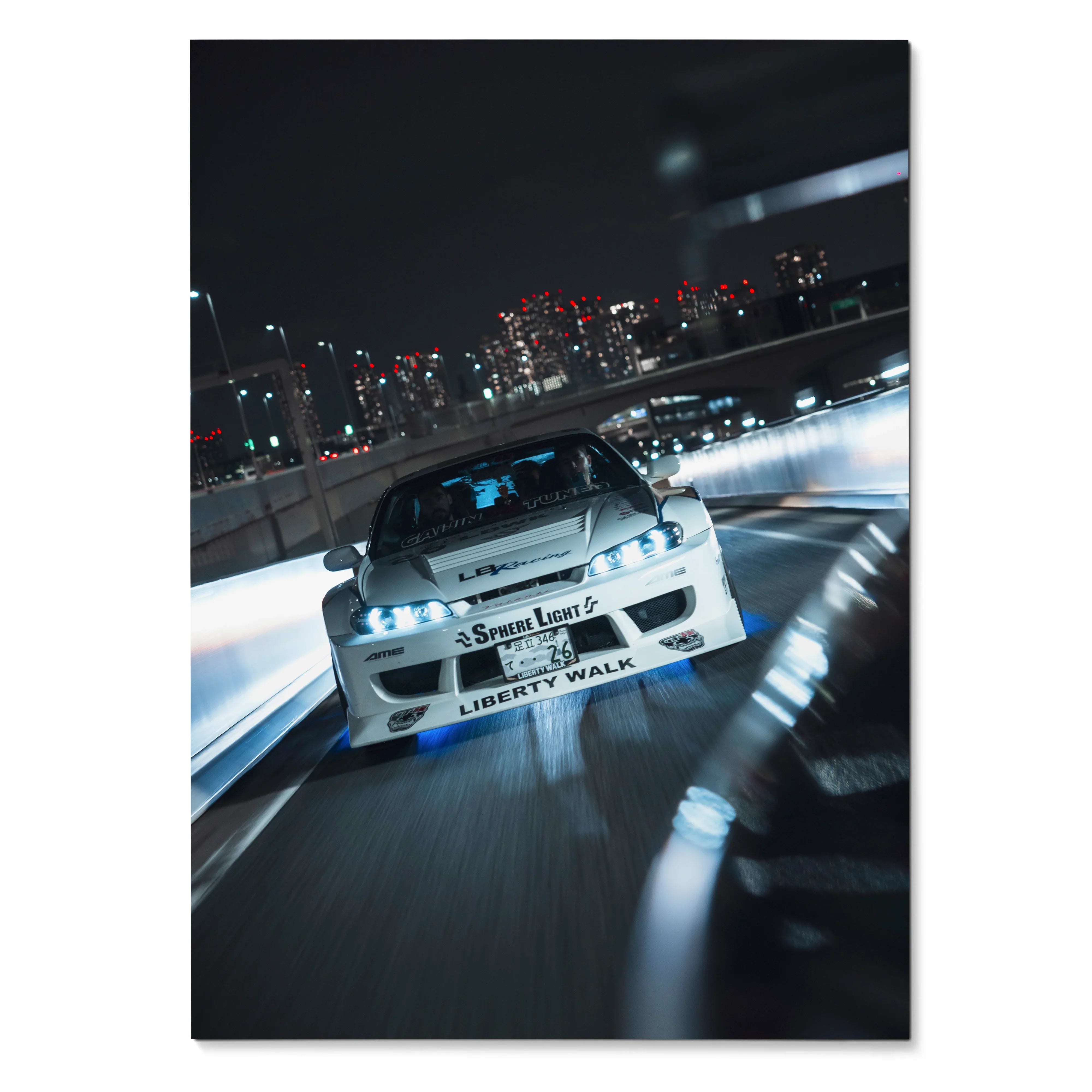 Nissan Silvia S15 racing on city street at night poster wall art with motion blur.