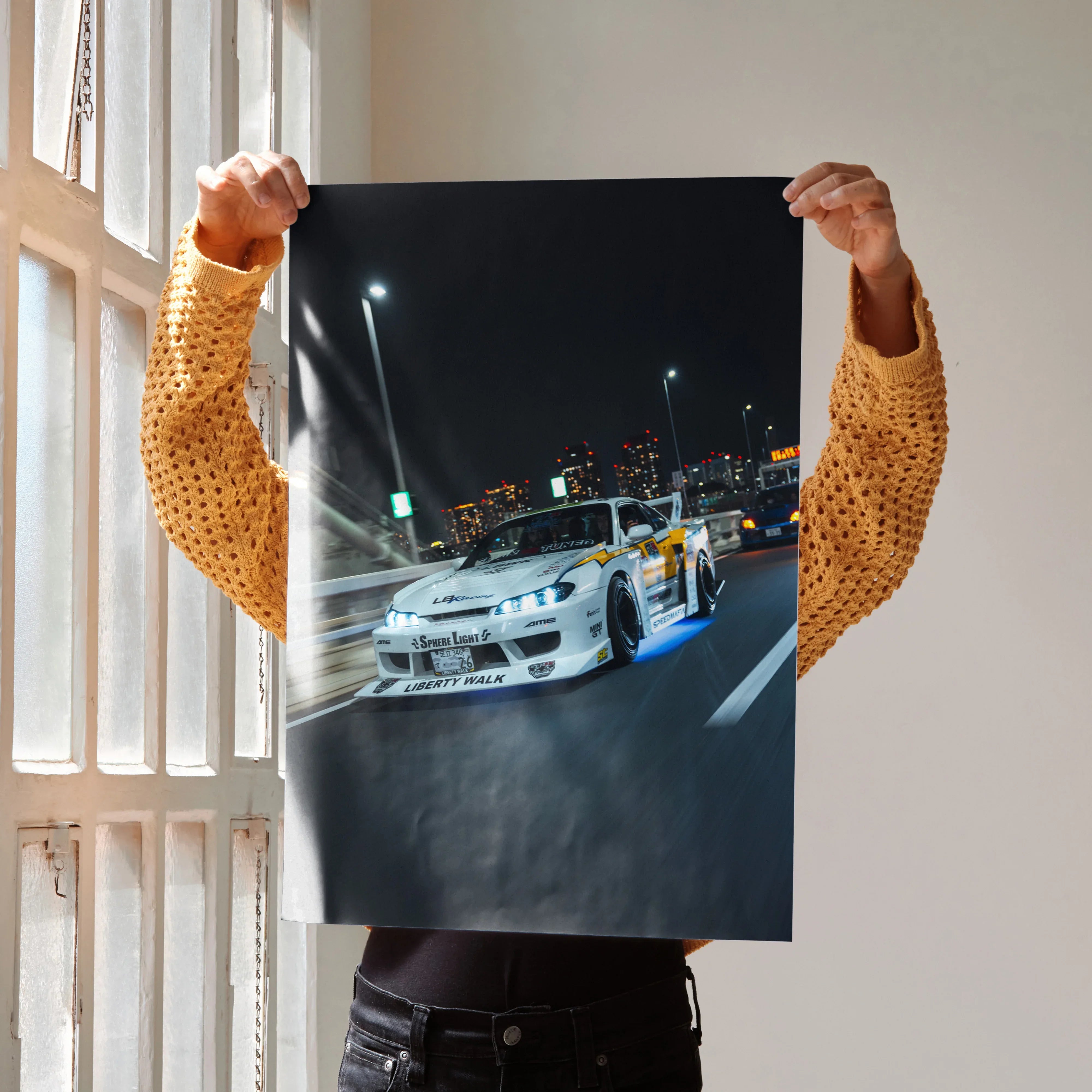 Nissan Silvia S15 drift car speeding at night poster wall art with city lights background.