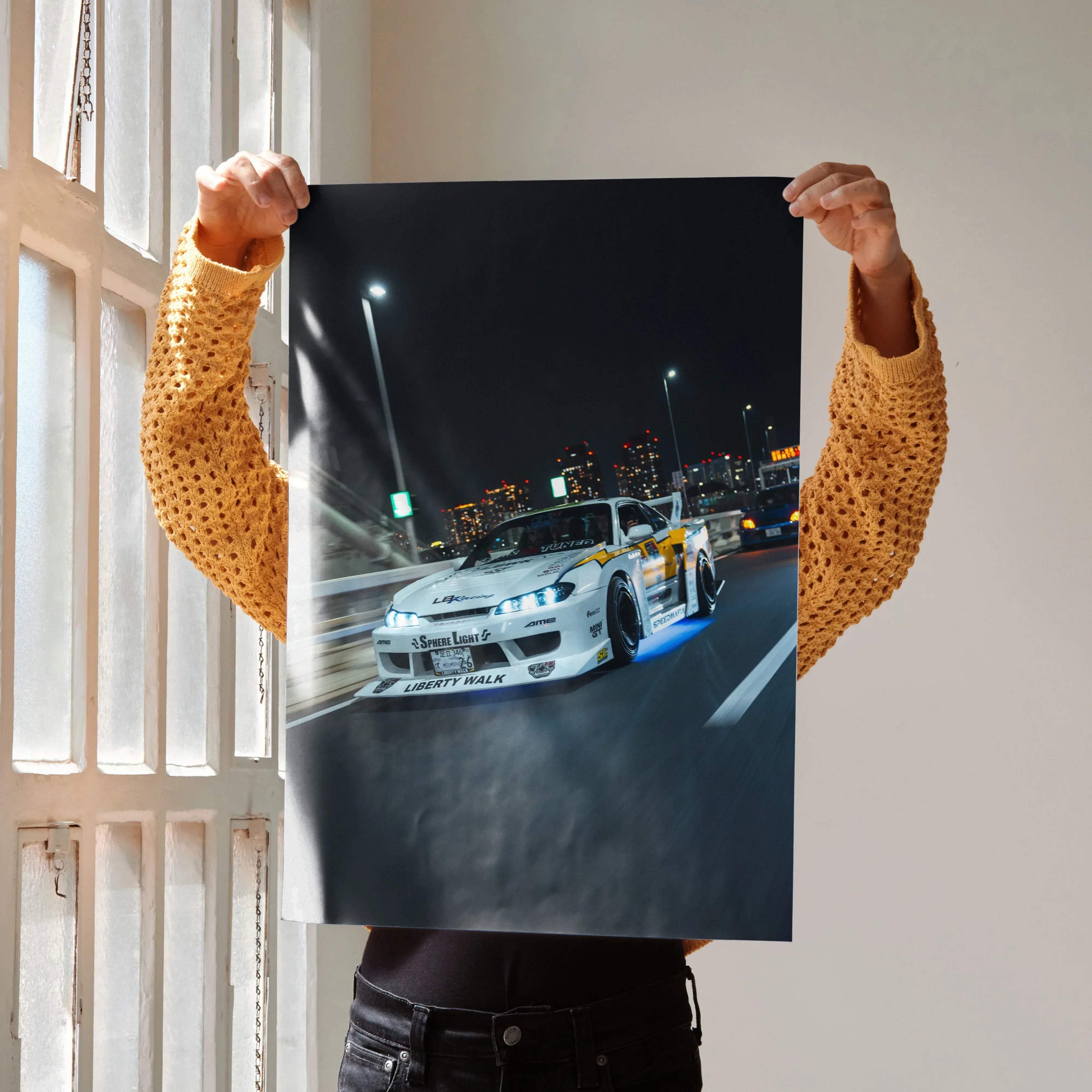 Nissan Silvia S15 high resolution white and yellow drift car poster with detailed nighttime city street scene