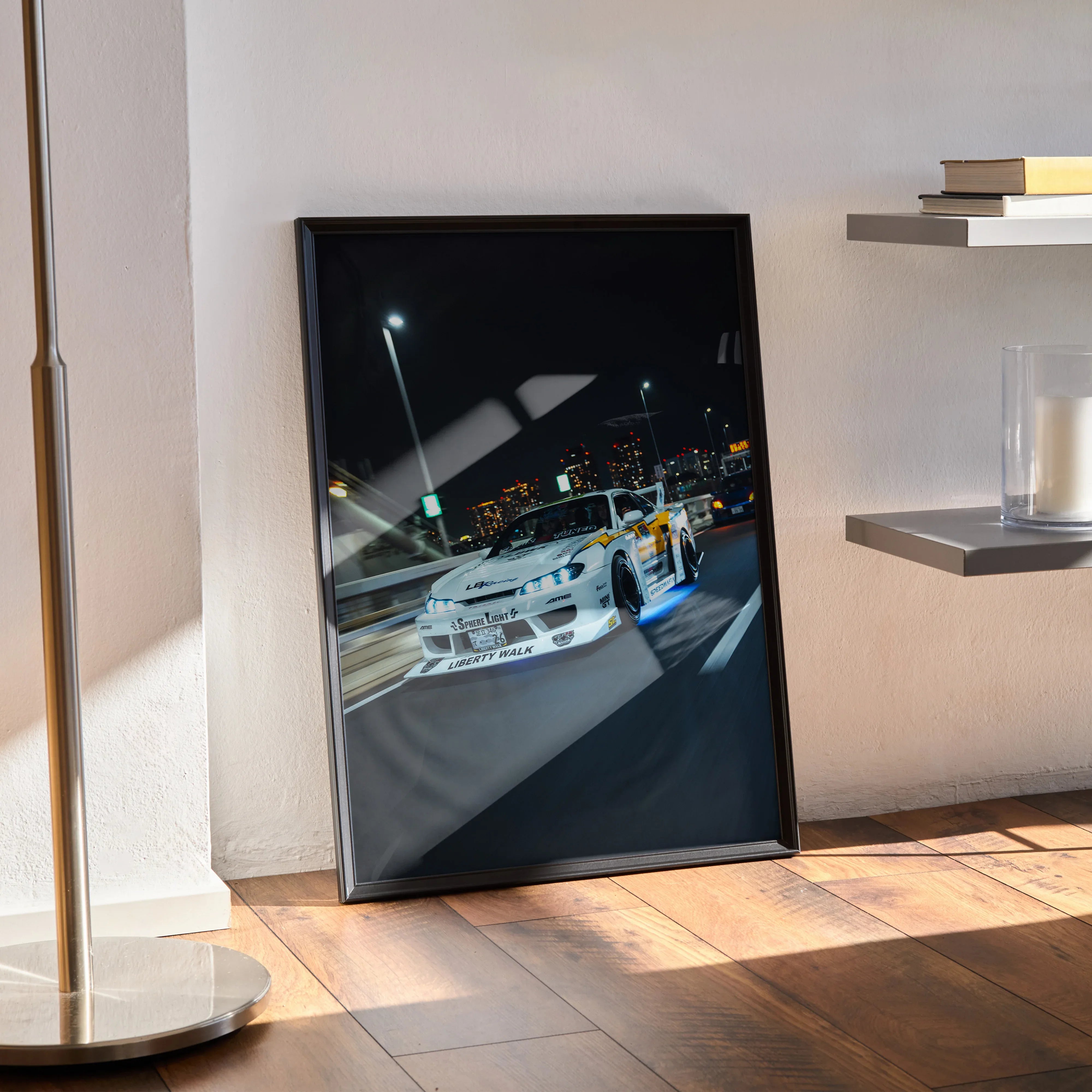 Nissan Silvia S15 car poster with nighttime street racing scene, framed wall art.