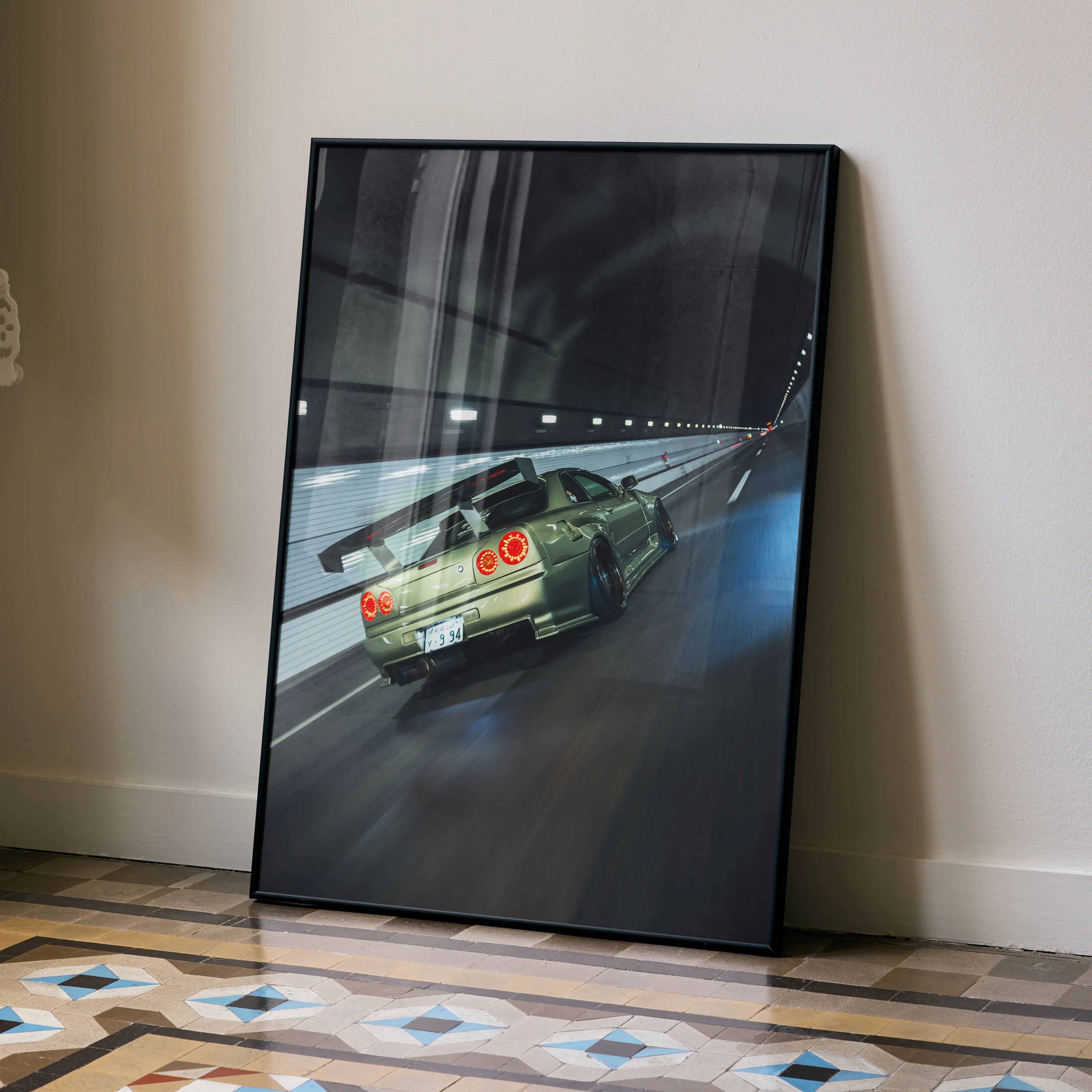 Nissan GT-R R34 Skyline racing through tunnel at night poster wall art.