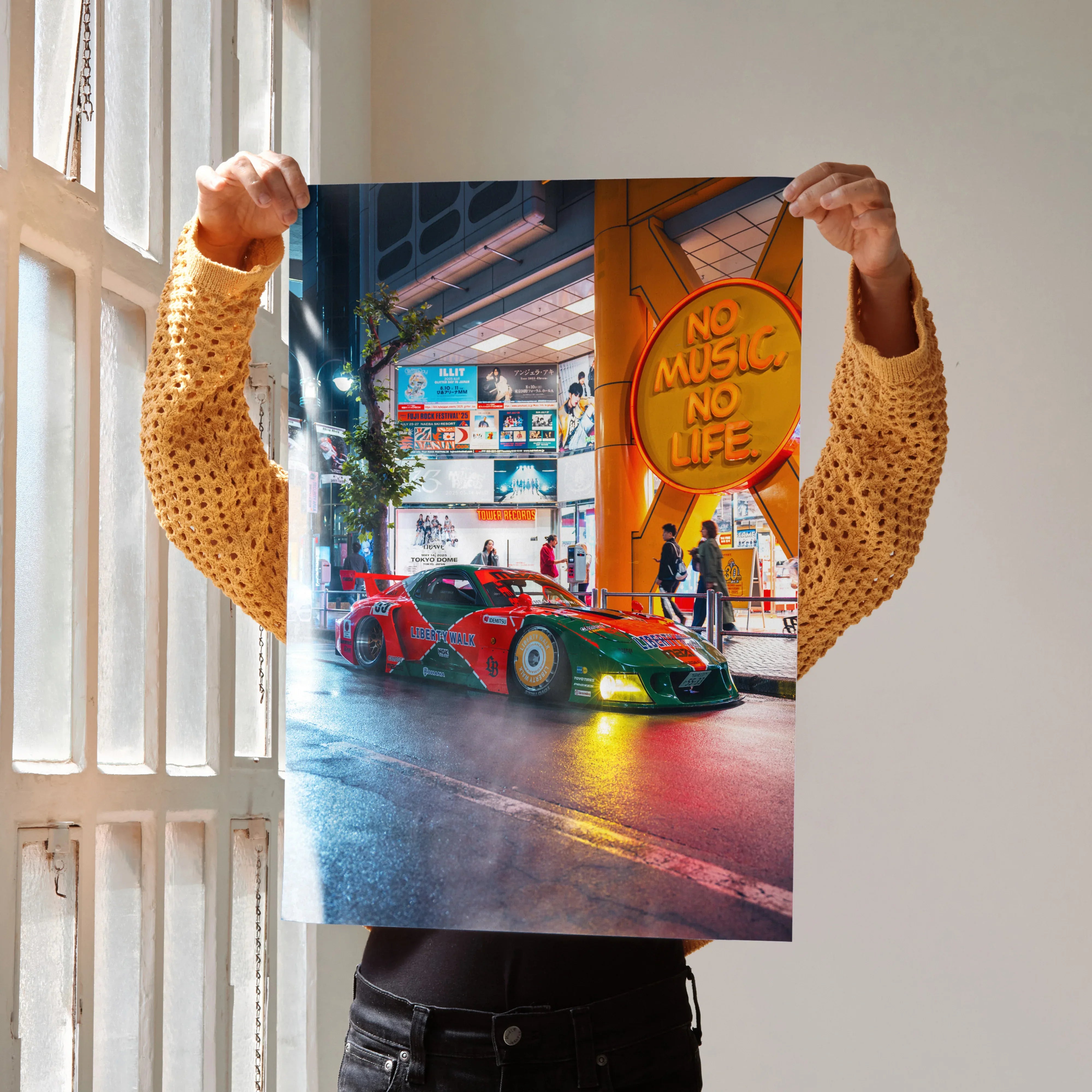 Mazda FD RX7 racing car poster with vibrant city street background, wall art for car enthusiasts.