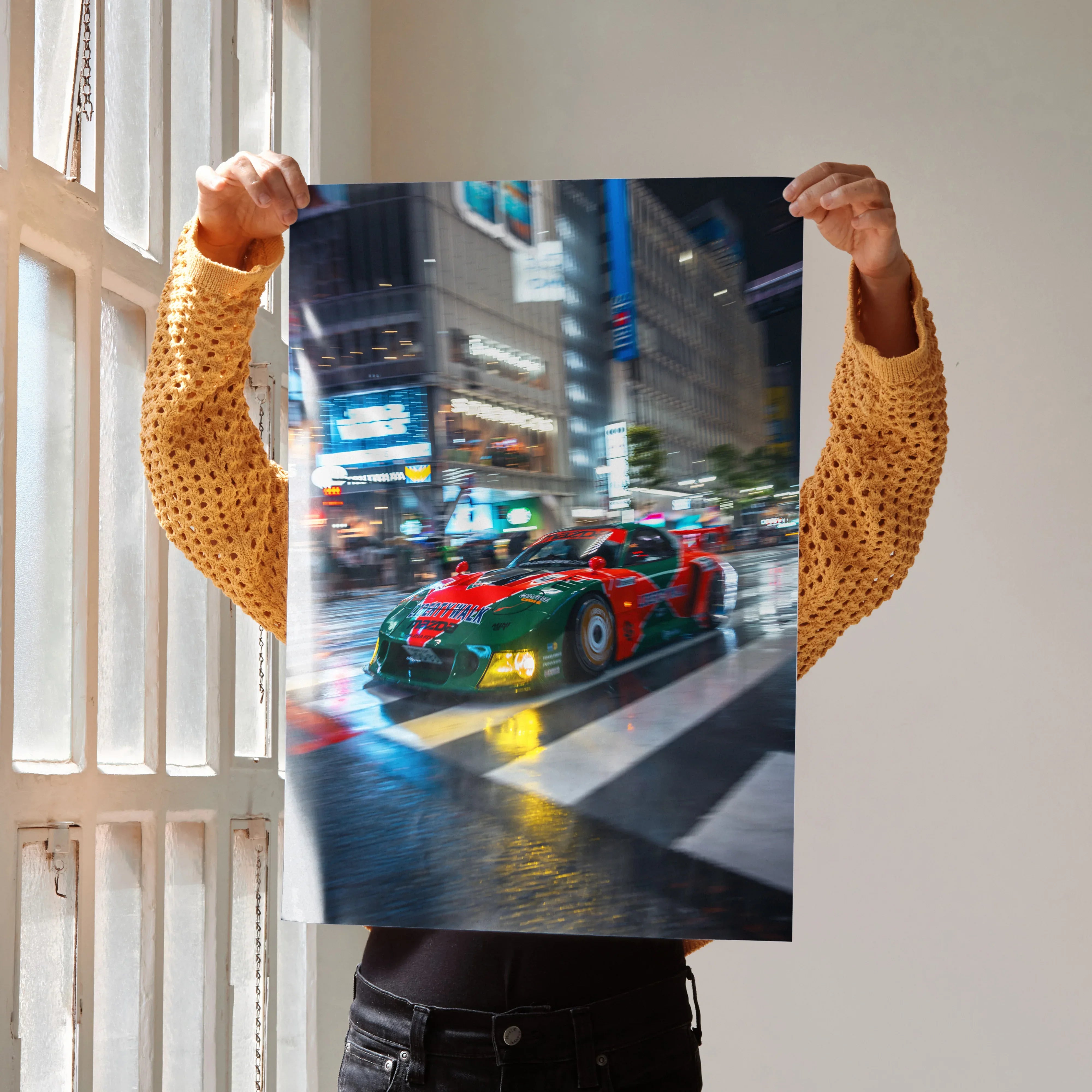 Mazda FD RX7 racing car poster with vibrant city lights, high-resolution wall art.
