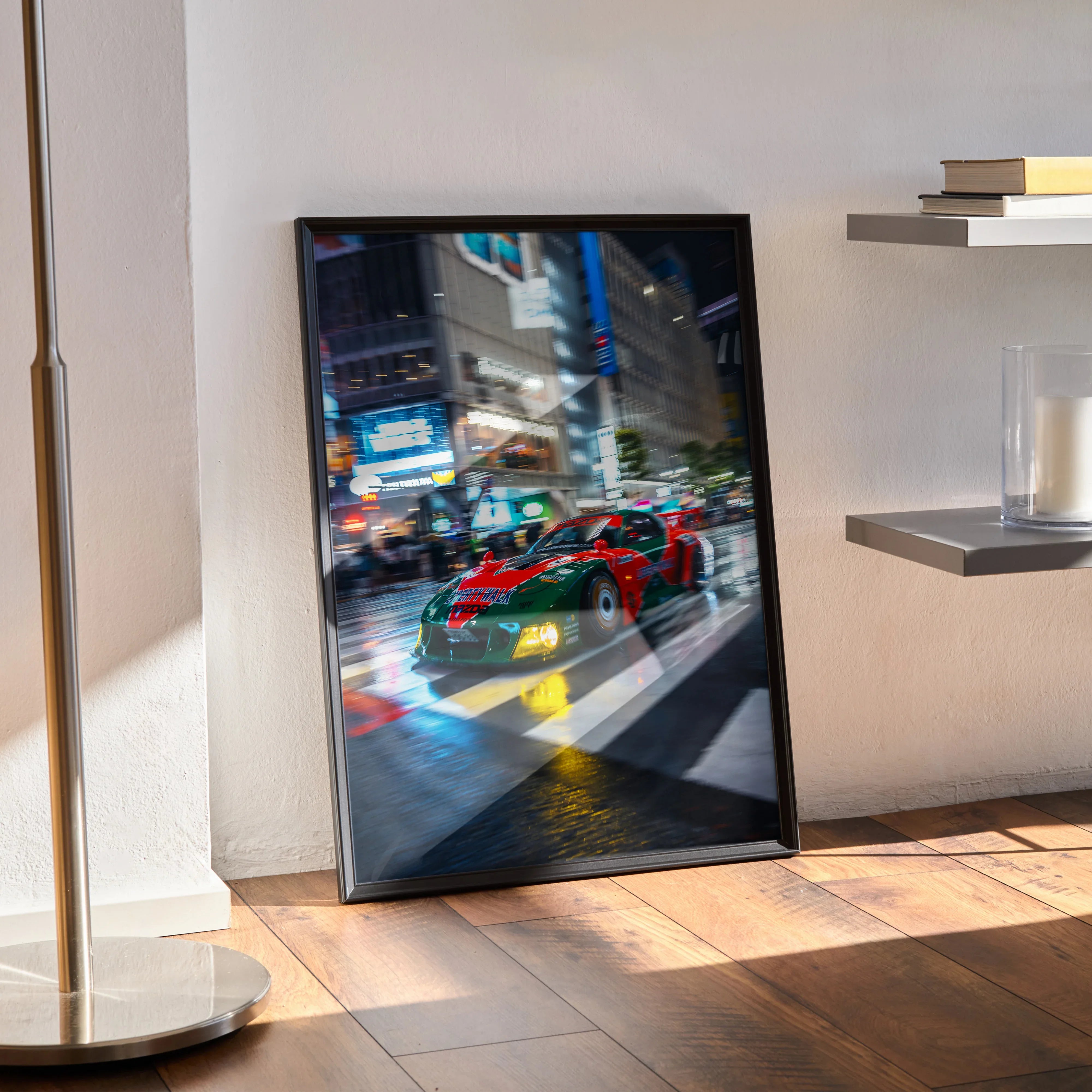 Mazda FD RX7 driving through city streets at night vibrant colors Poster wall art.