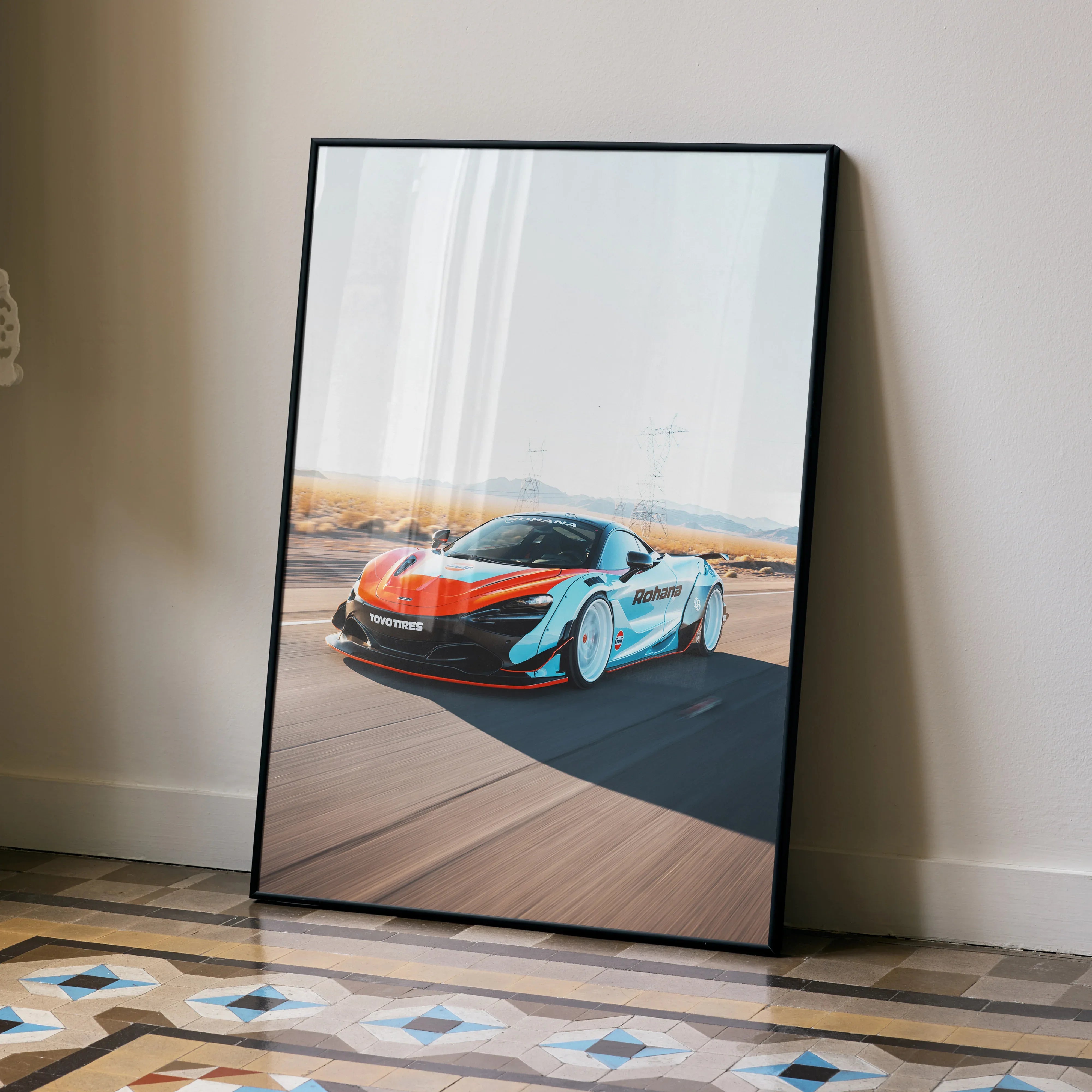 McLaren 720S supercar poster with sleek red and white design on smooth desert road wall art.