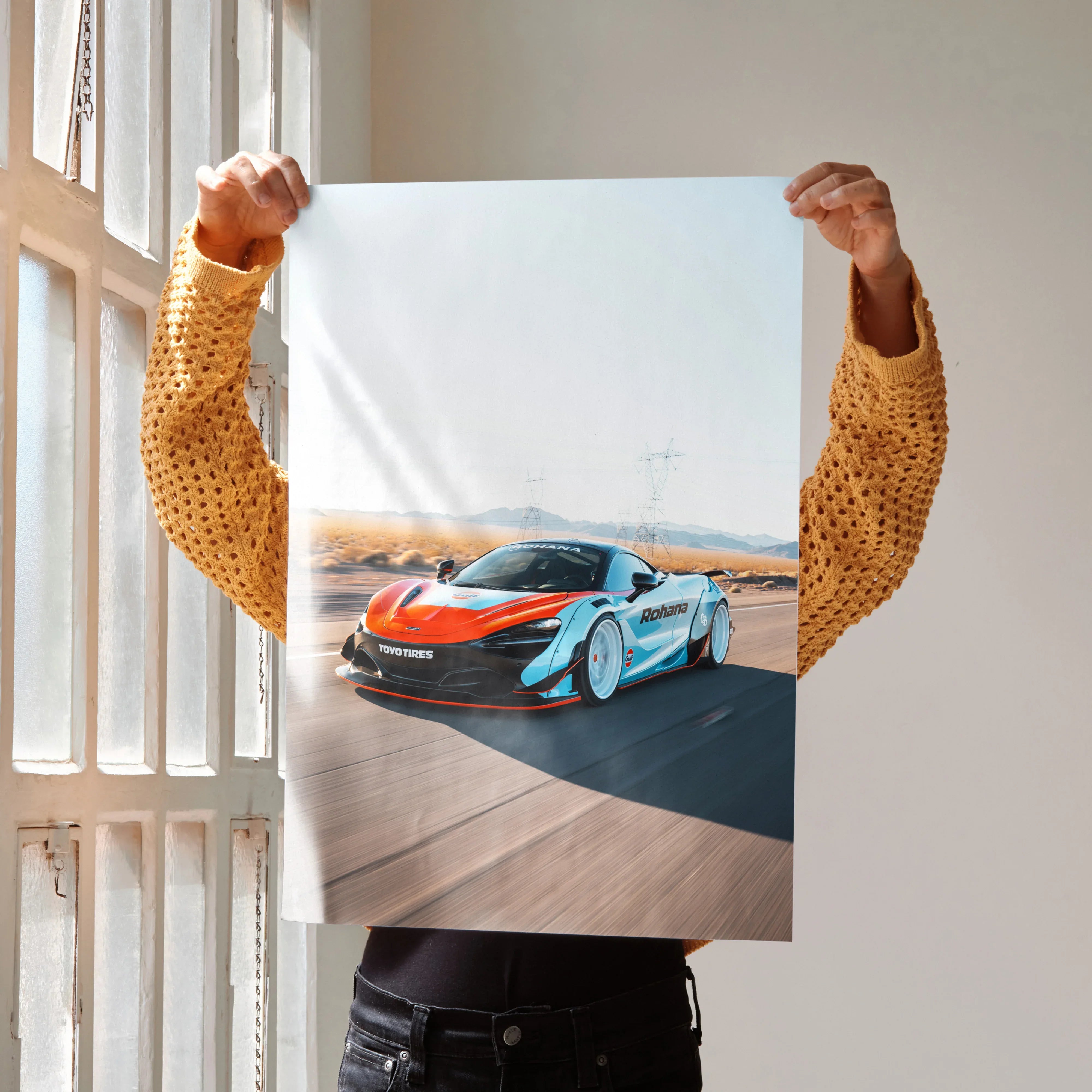 McLaren 720S supercar poster with vibrant red and blue details, sleek design wall art.