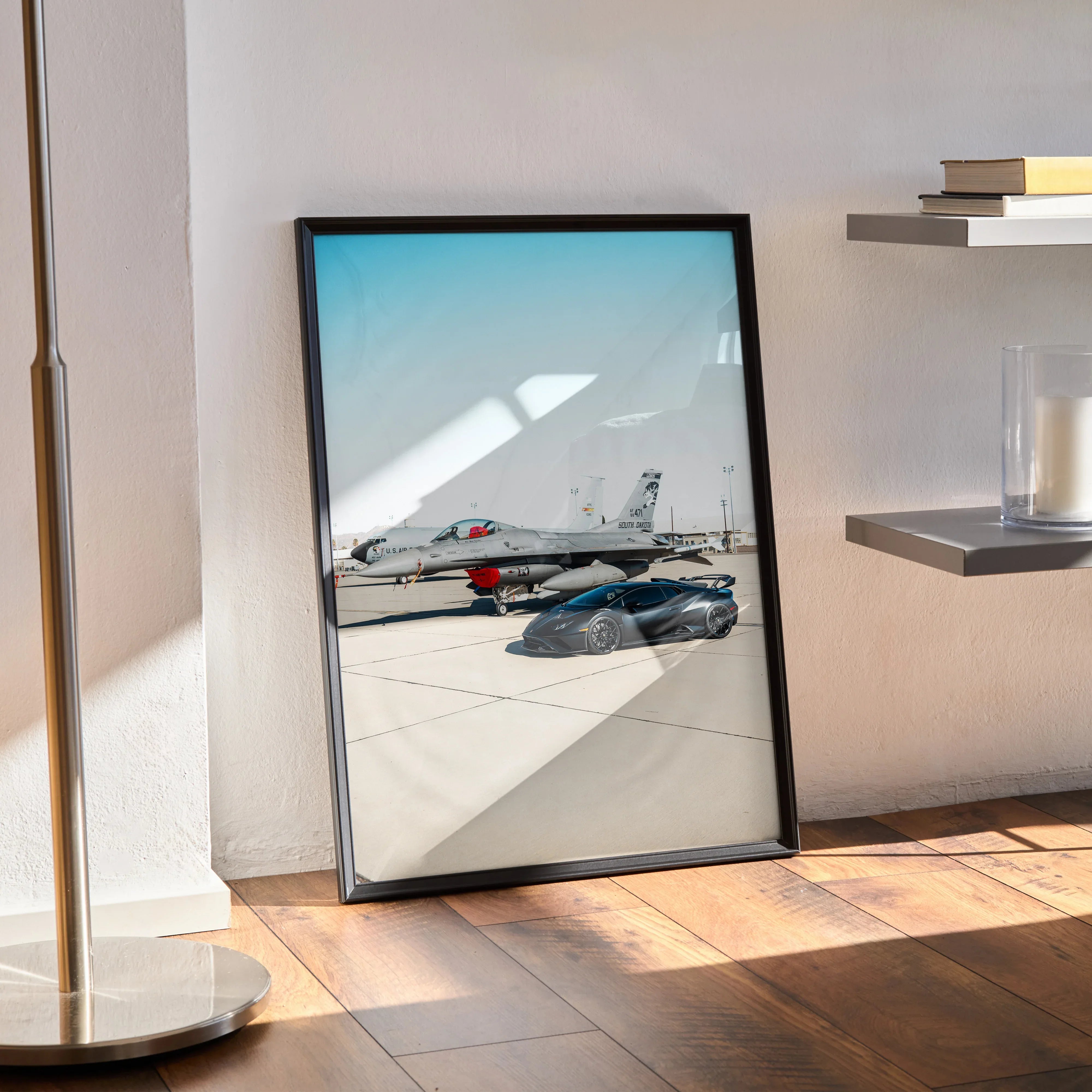 Lamborghini Huracan STO luxury car on racetrack poster wall art in black frame.