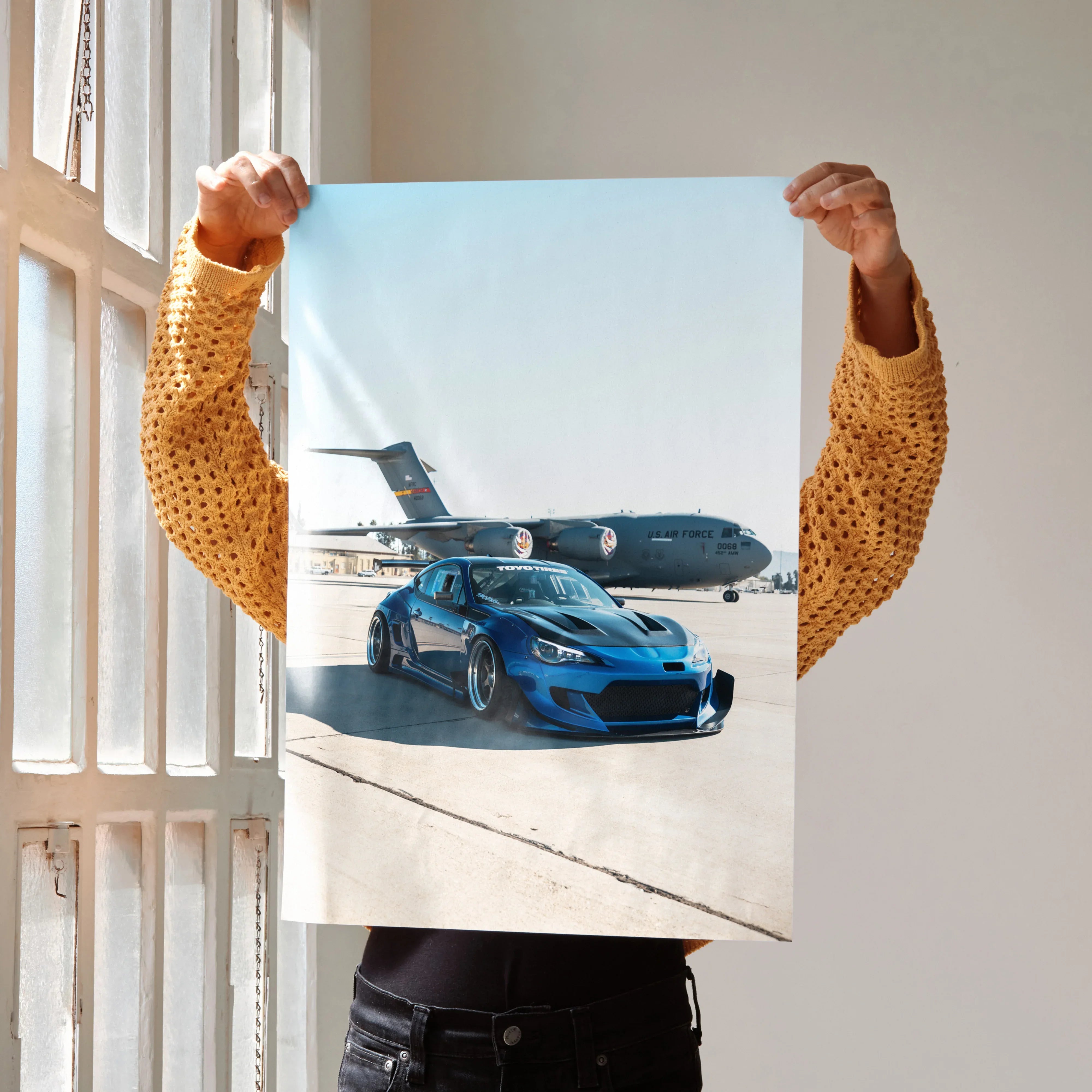 Sleek widebody Toyota FRS car poster with airplane background premium wall art decor.