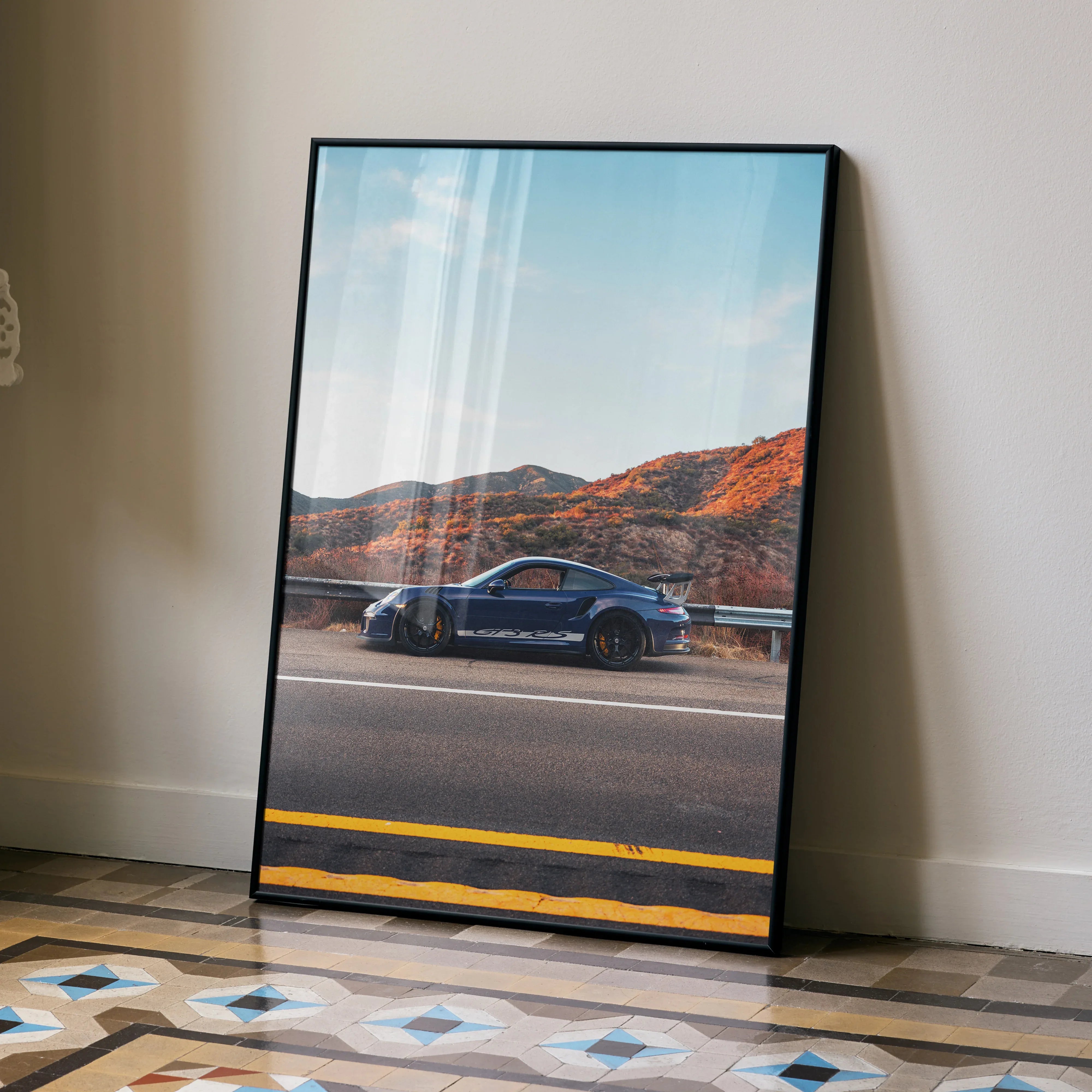 Porsche GT3 RS supercar parked by roadside with mountains background poster wall art.