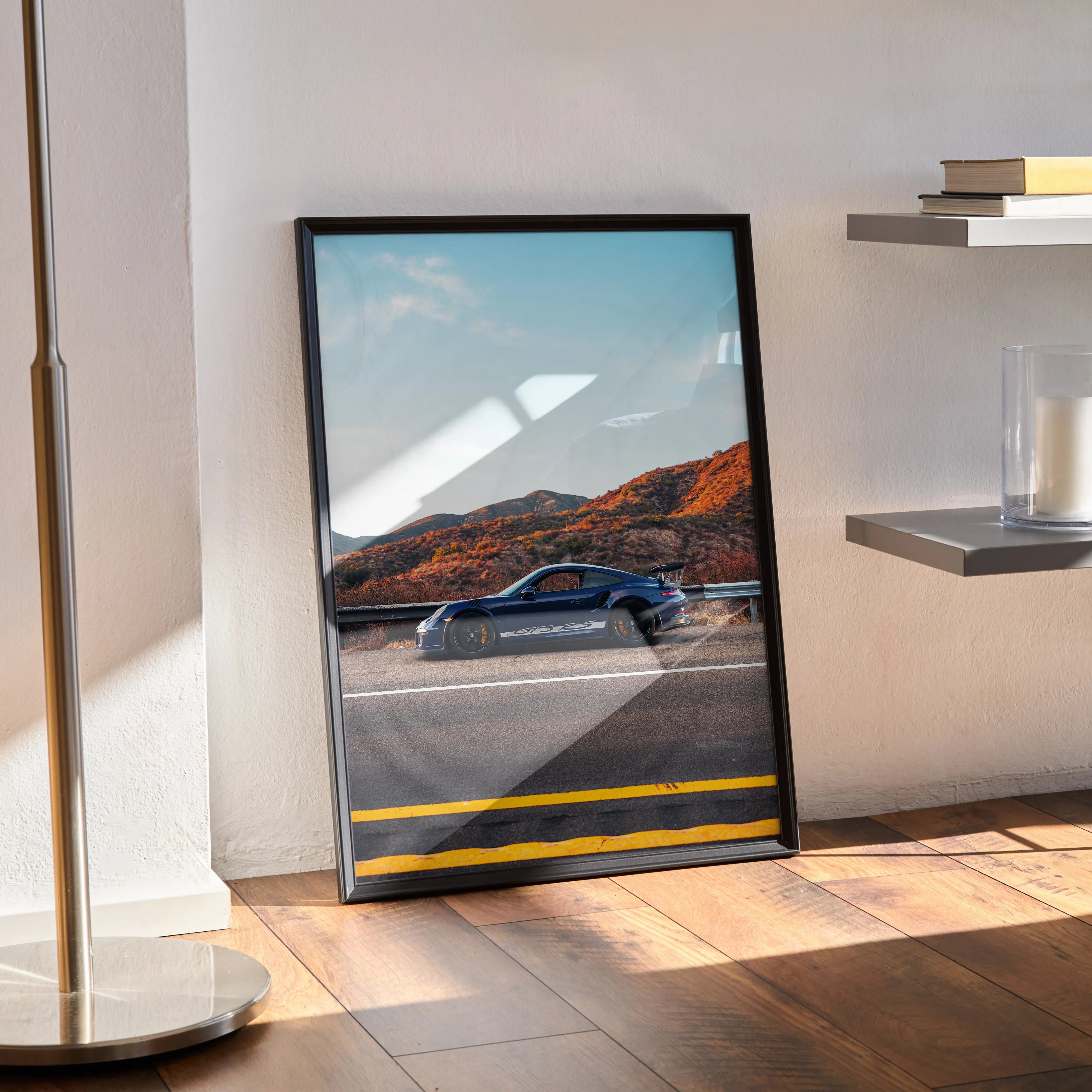 Porsche GT3 RS supercar poster with mountain landscape, modern wall art in black frame.
