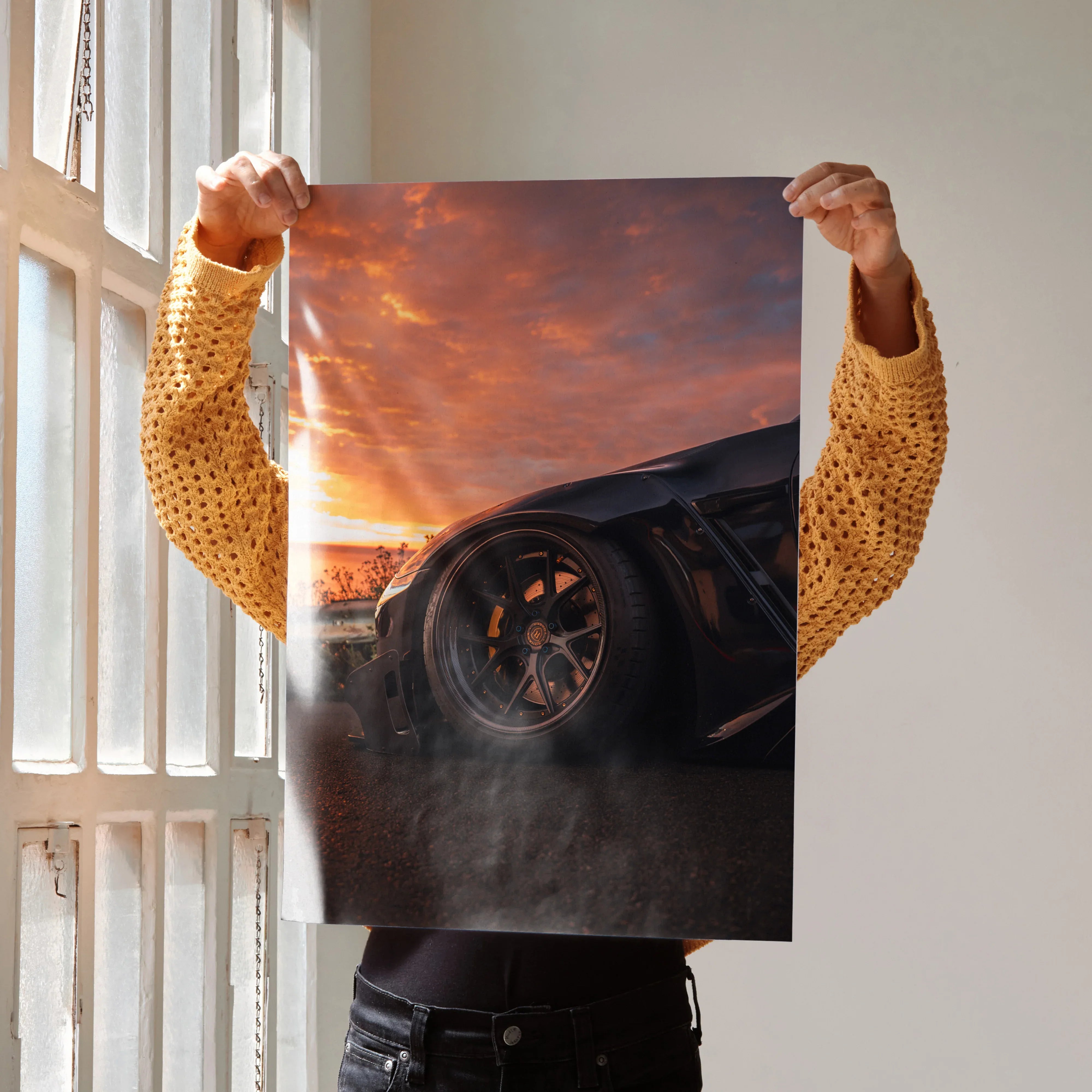 Sleek black Nissan GTR R35 with glowing sunset sky background poster wall art.