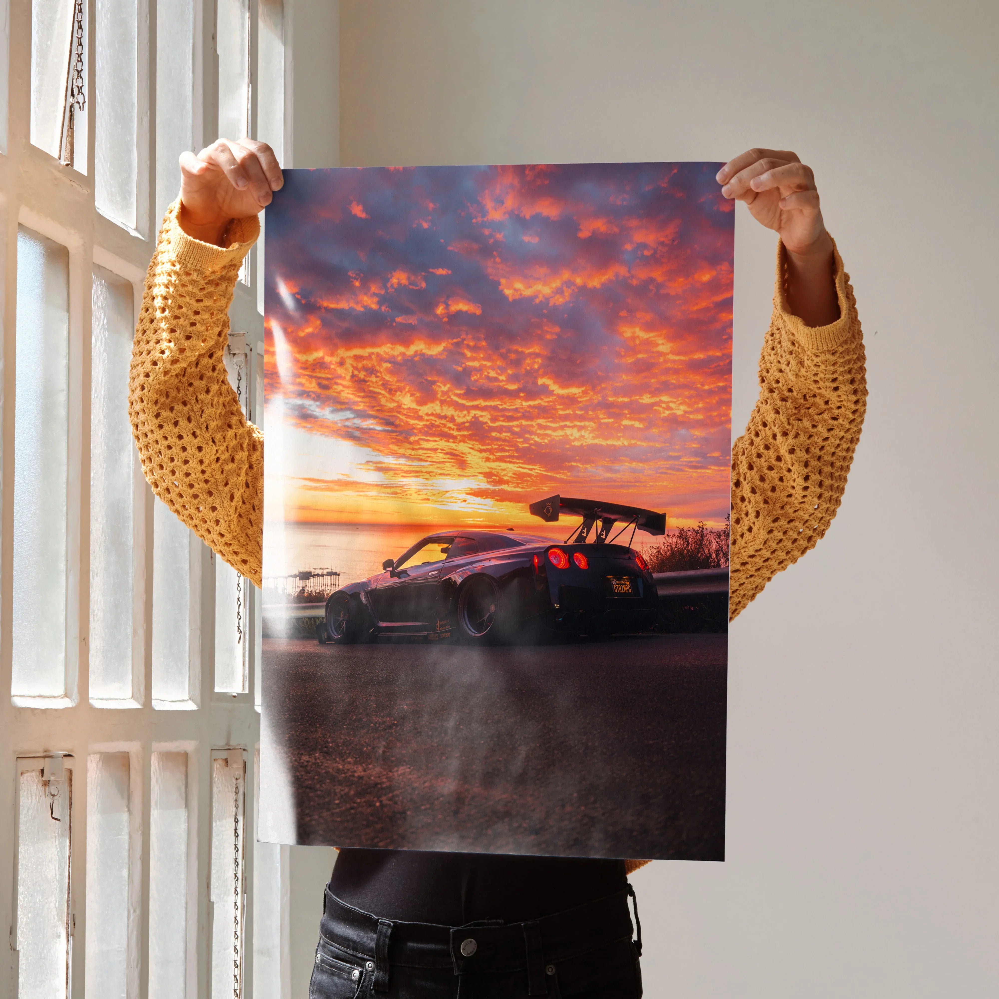Nissan GT-R R35 widebody poster with vivid sunset sky, high-resolution wall art print.
