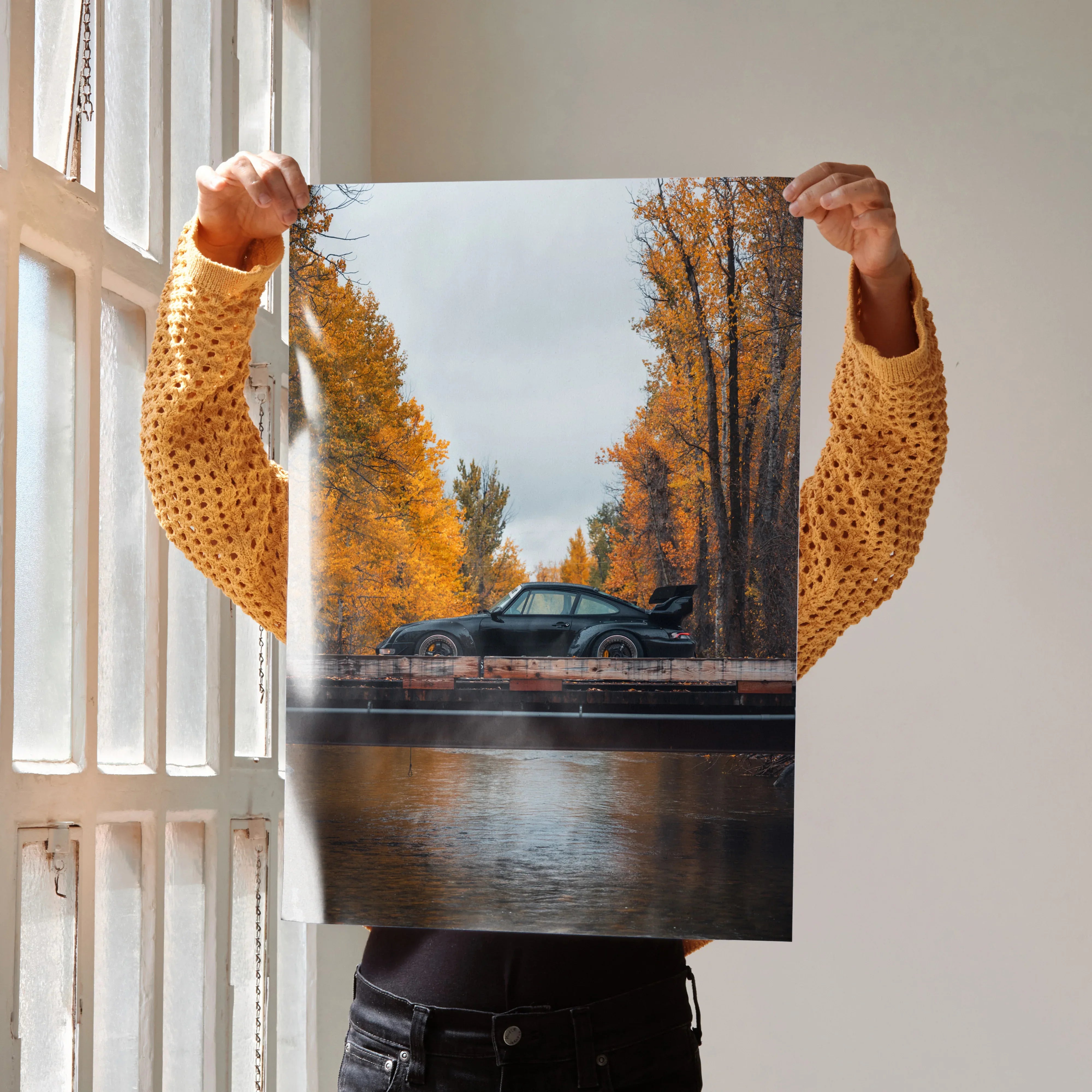 RWB Porsche 911 poster with autumn trees and reflective water, vibrant wall art.