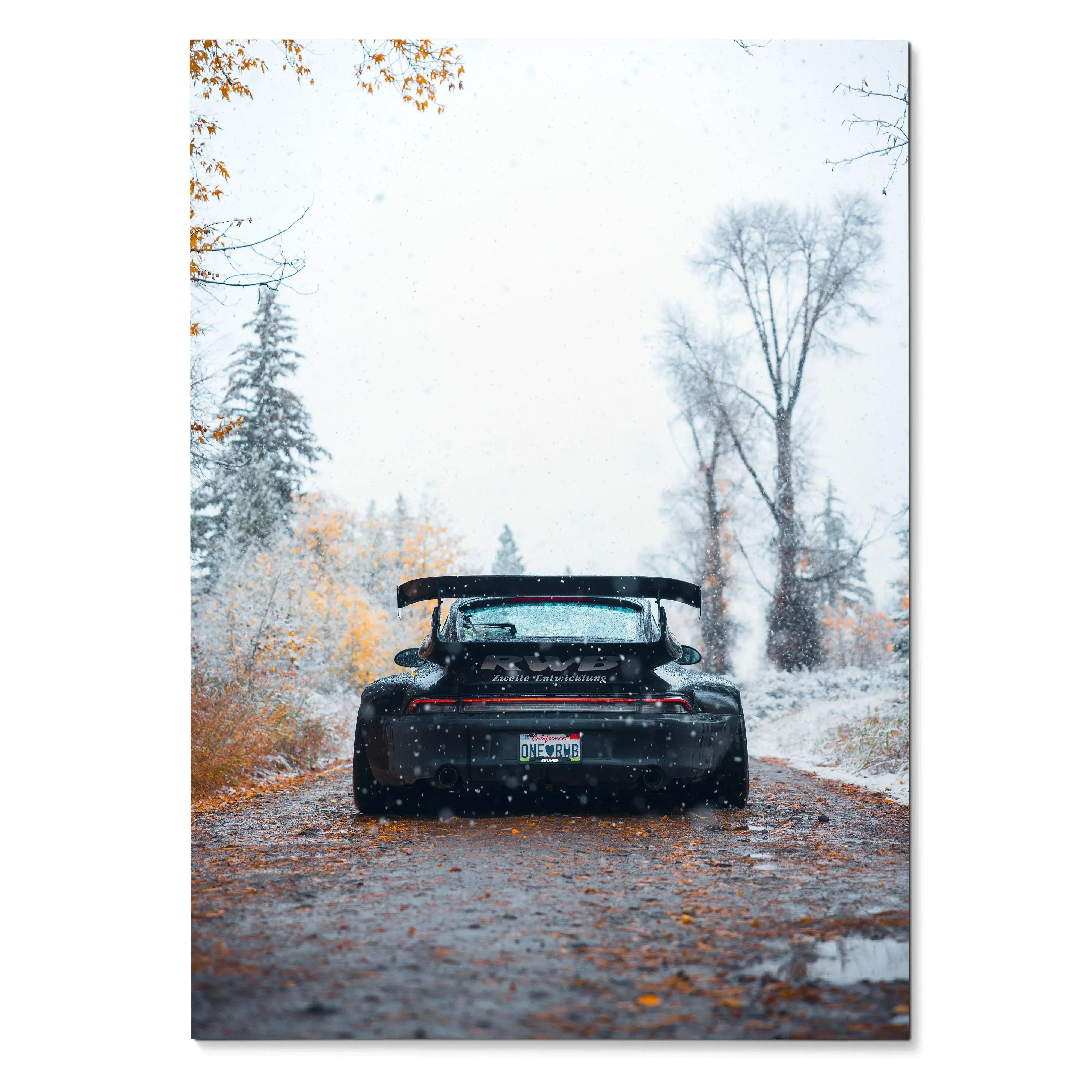 RWB Porsche 911 rear view on autumn road Poster wall art with snowy trees background.