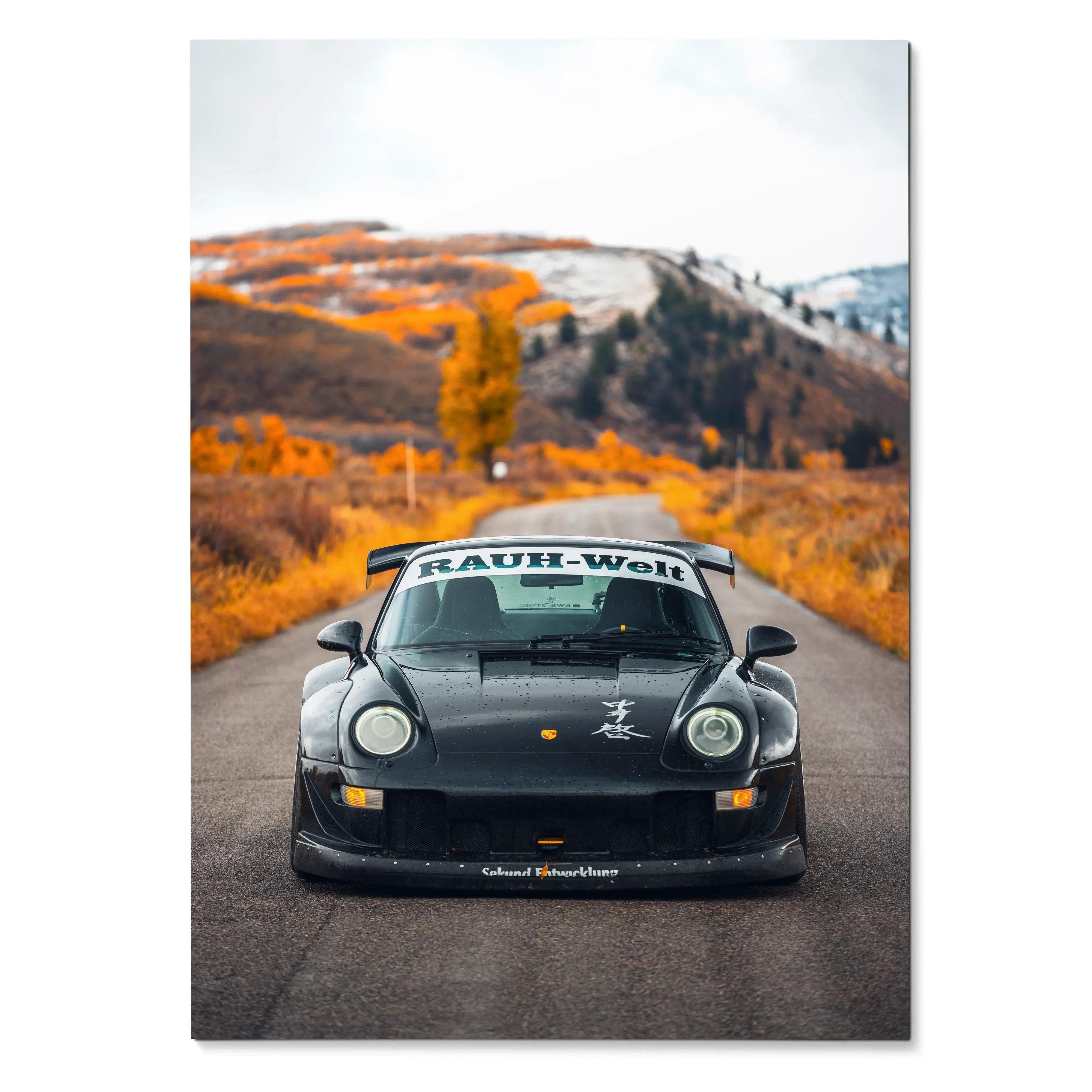 Black RWB Porsche 911 on road with autumn hills background poster wall art.