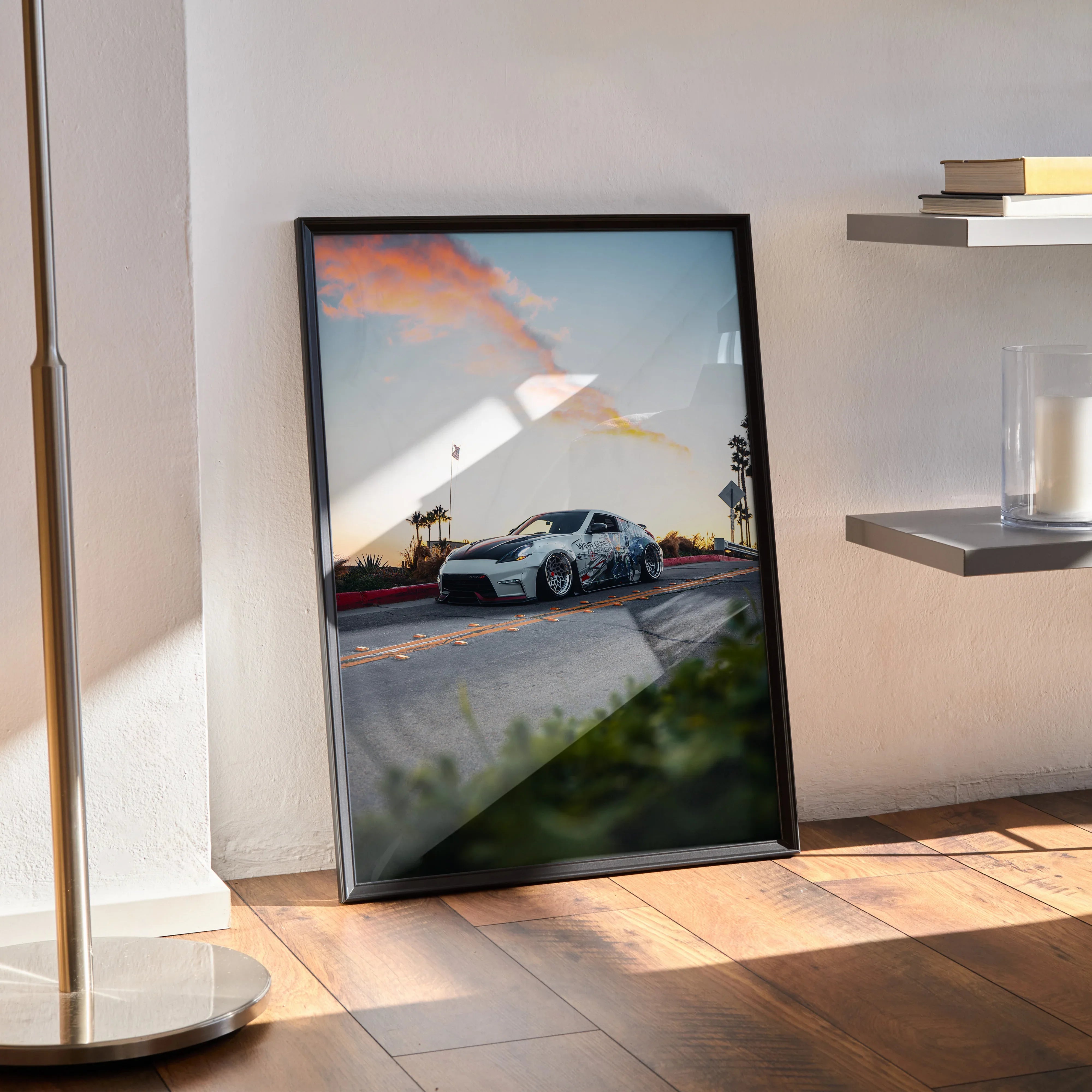 Nissan 370z JDM widebody car poster with sunset background leaning on wooden floor wall art.