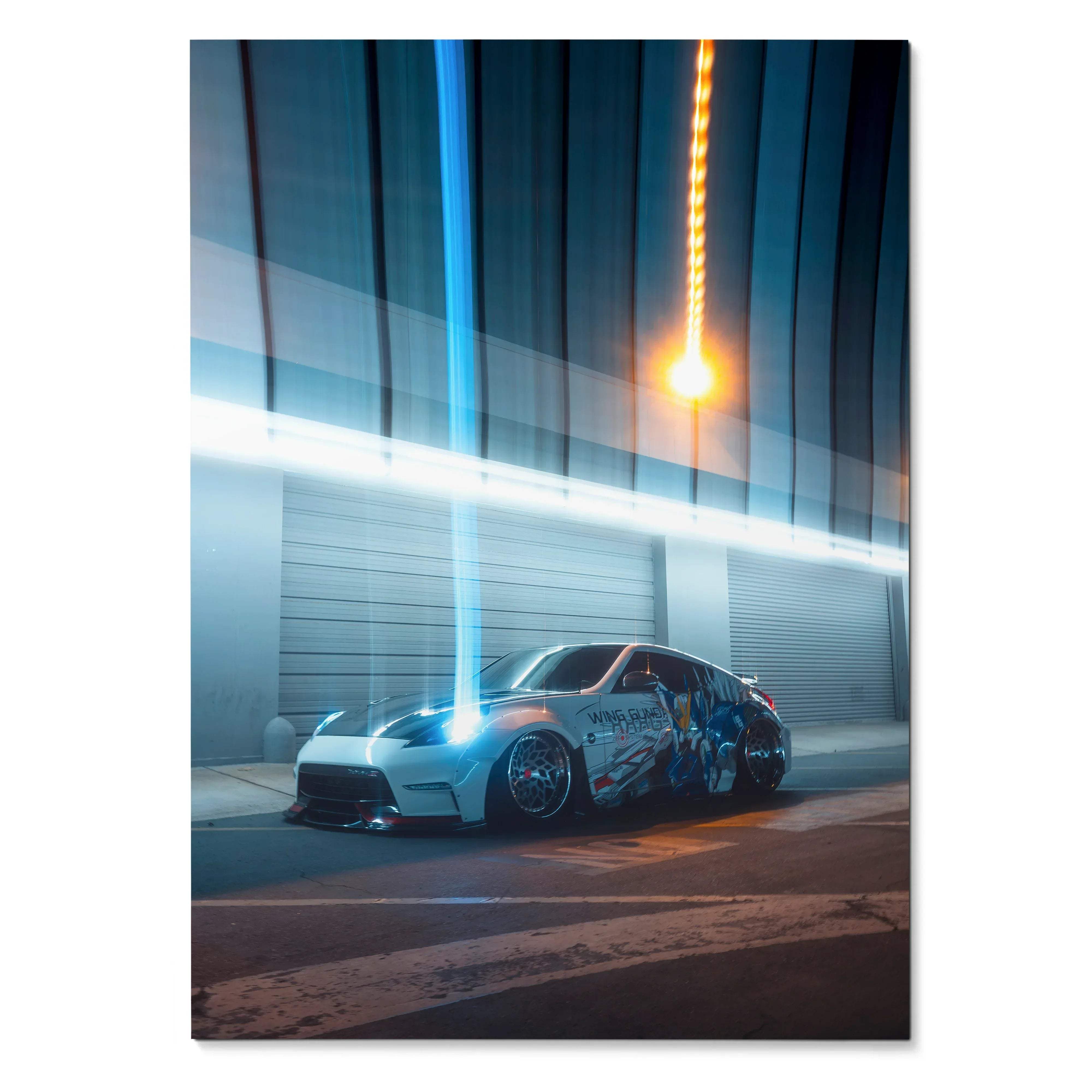Nissan 370Z with blue neon light trails in urban night setting poster wall art.