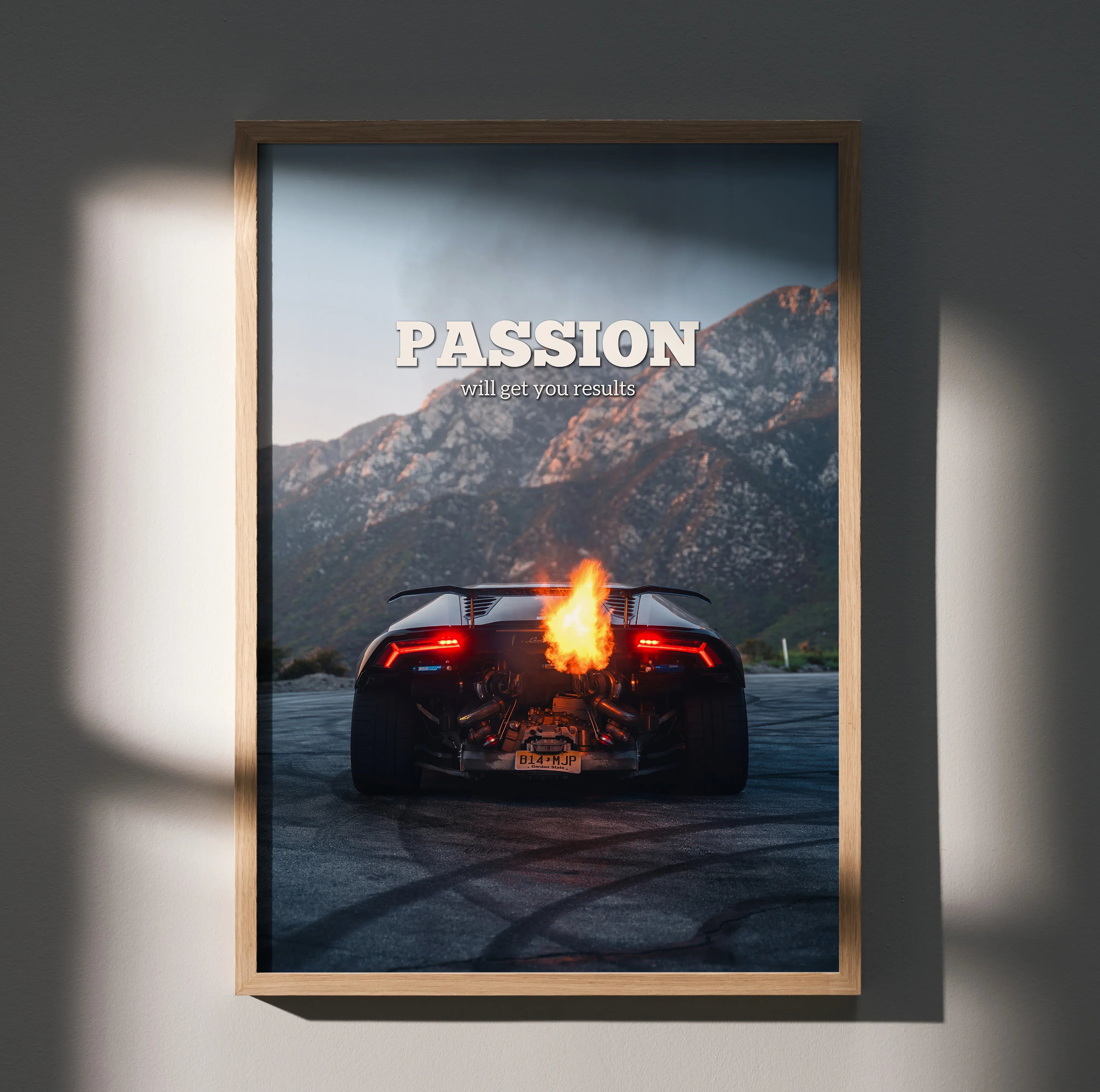 Lamborghini Huracan rear view with flames and passion text motivational poster wall art.